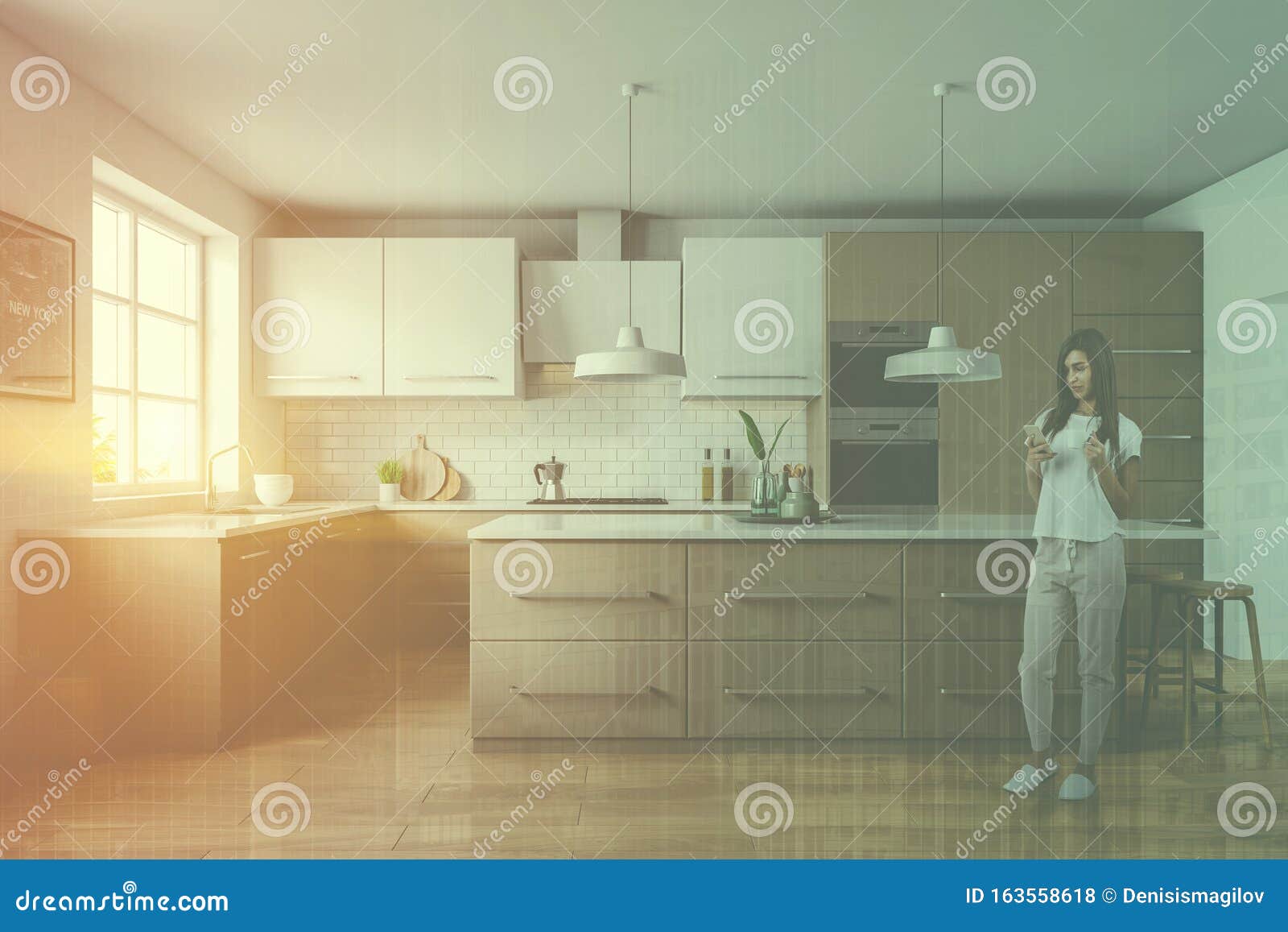 Woman In Beige Kitchen With Bar Stock Photo Image Of Kitchen