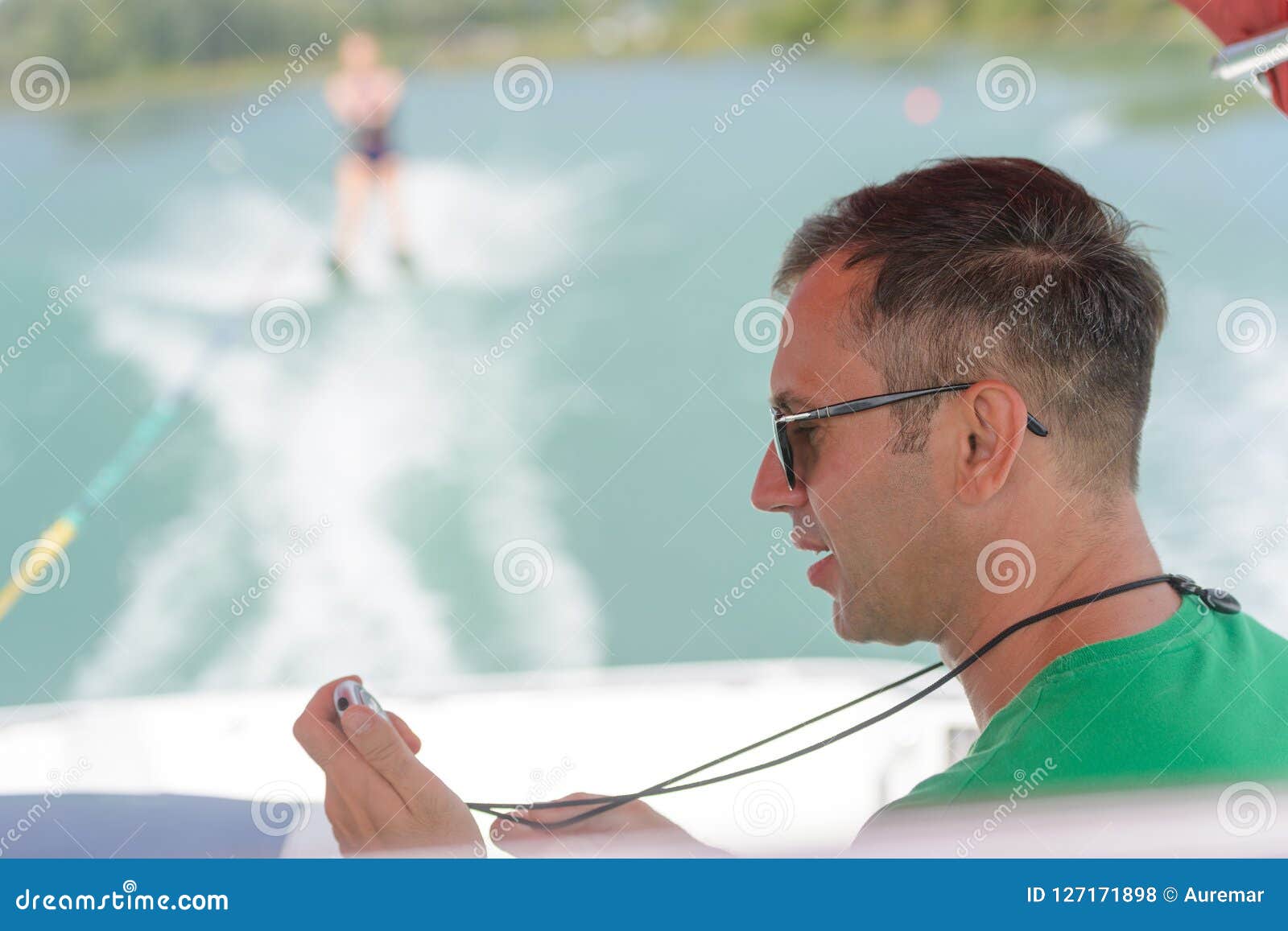 Woman Being Stopped Watched by Waterski Instructor Stock Photo Image