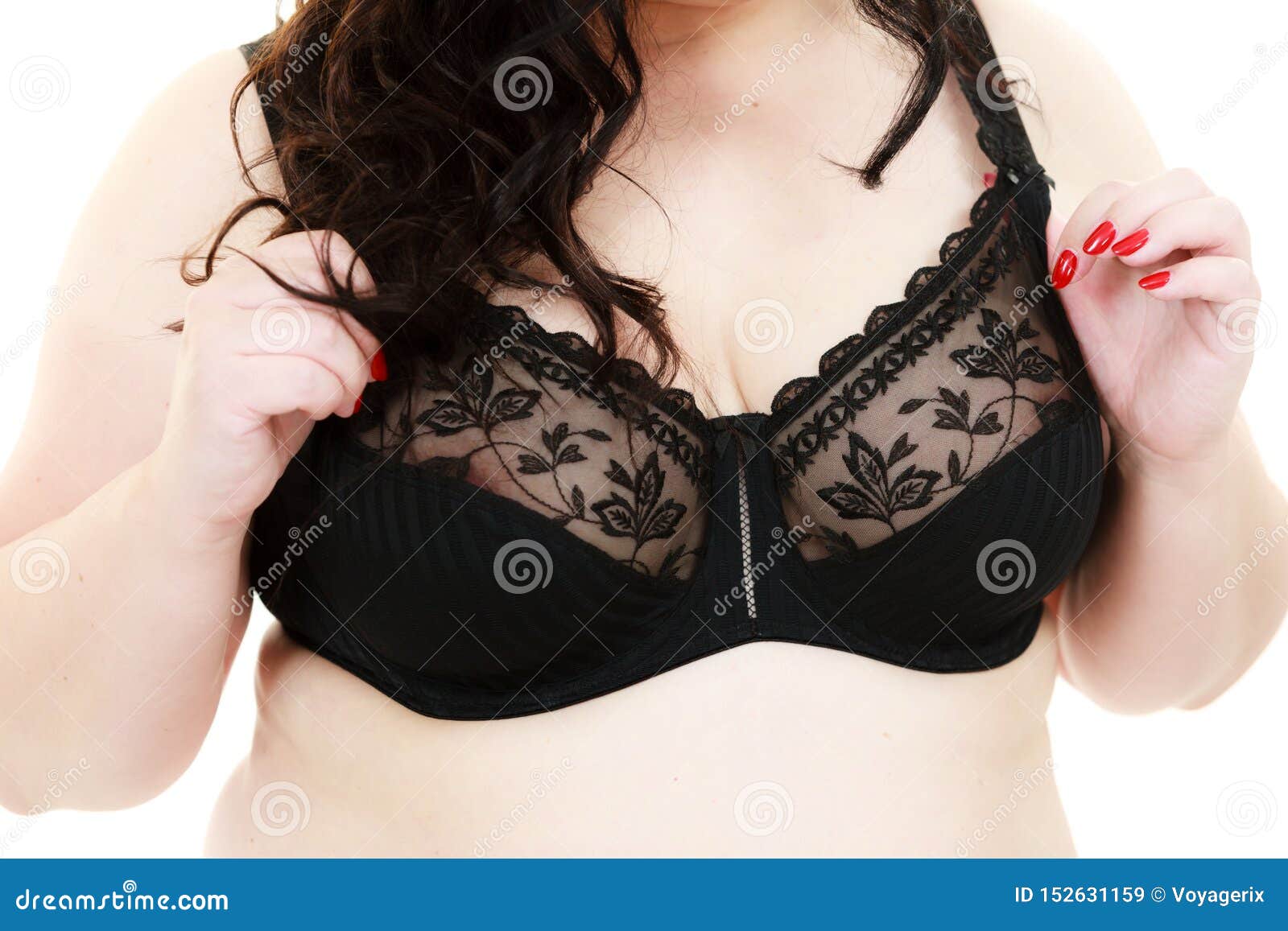Female Big Breast In Lingerie. Plus Size Chubby Woman Wearing Bra