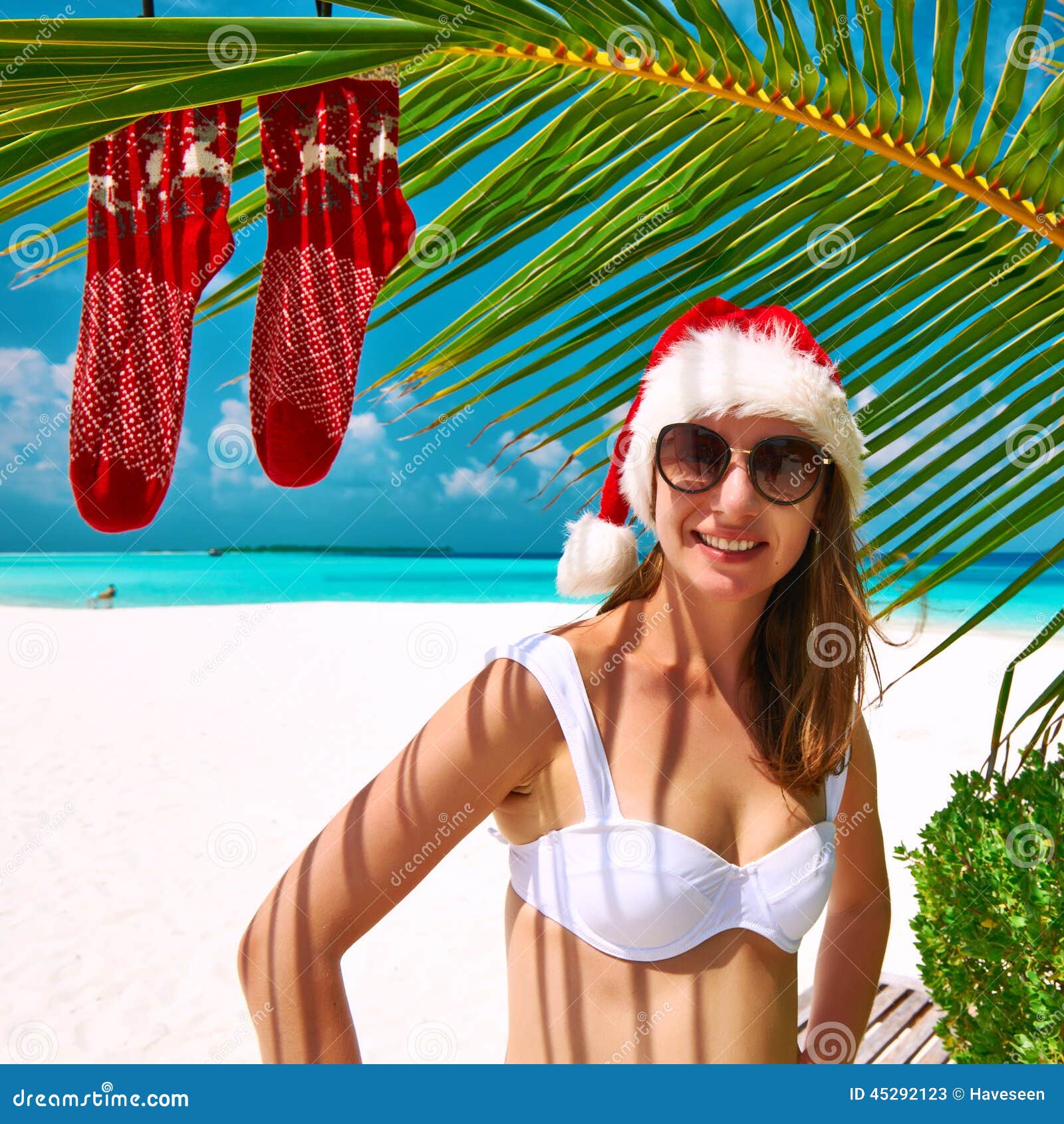 Woman in Bikini on a Beach at Christmas Stock Image Image of stocking