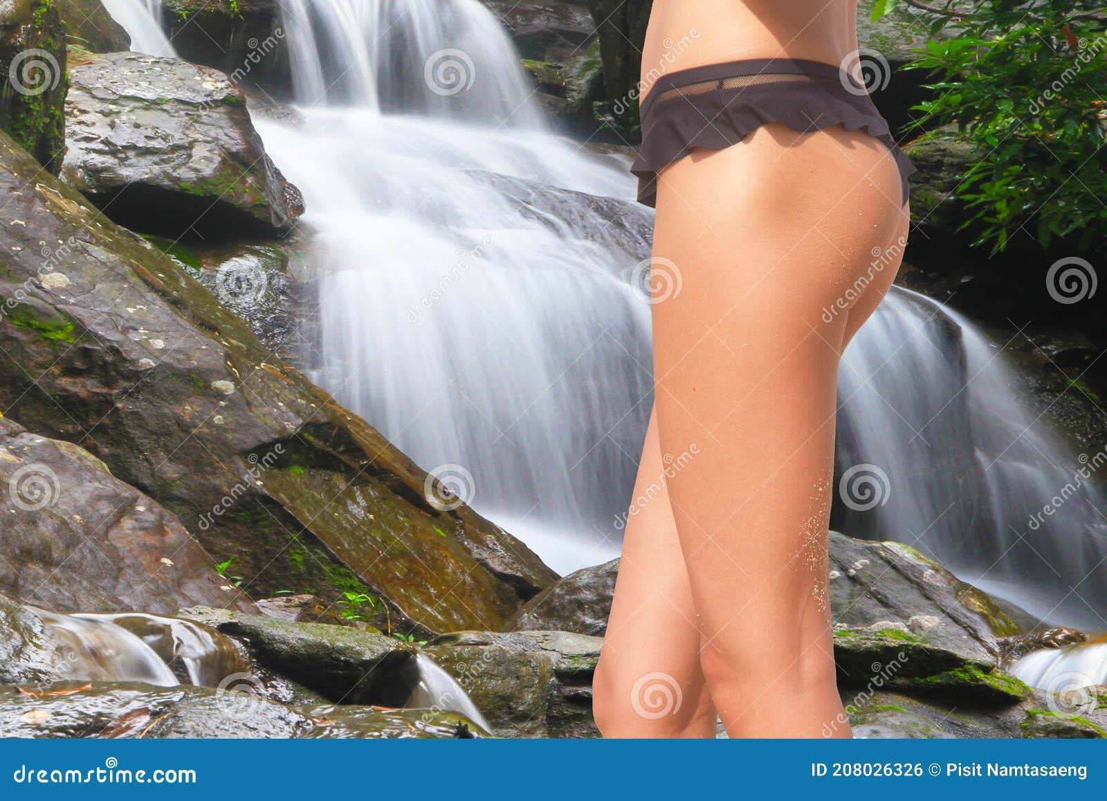 Woman Bikini On Waterfall Forest Stock Photo Image Of Lady Outside