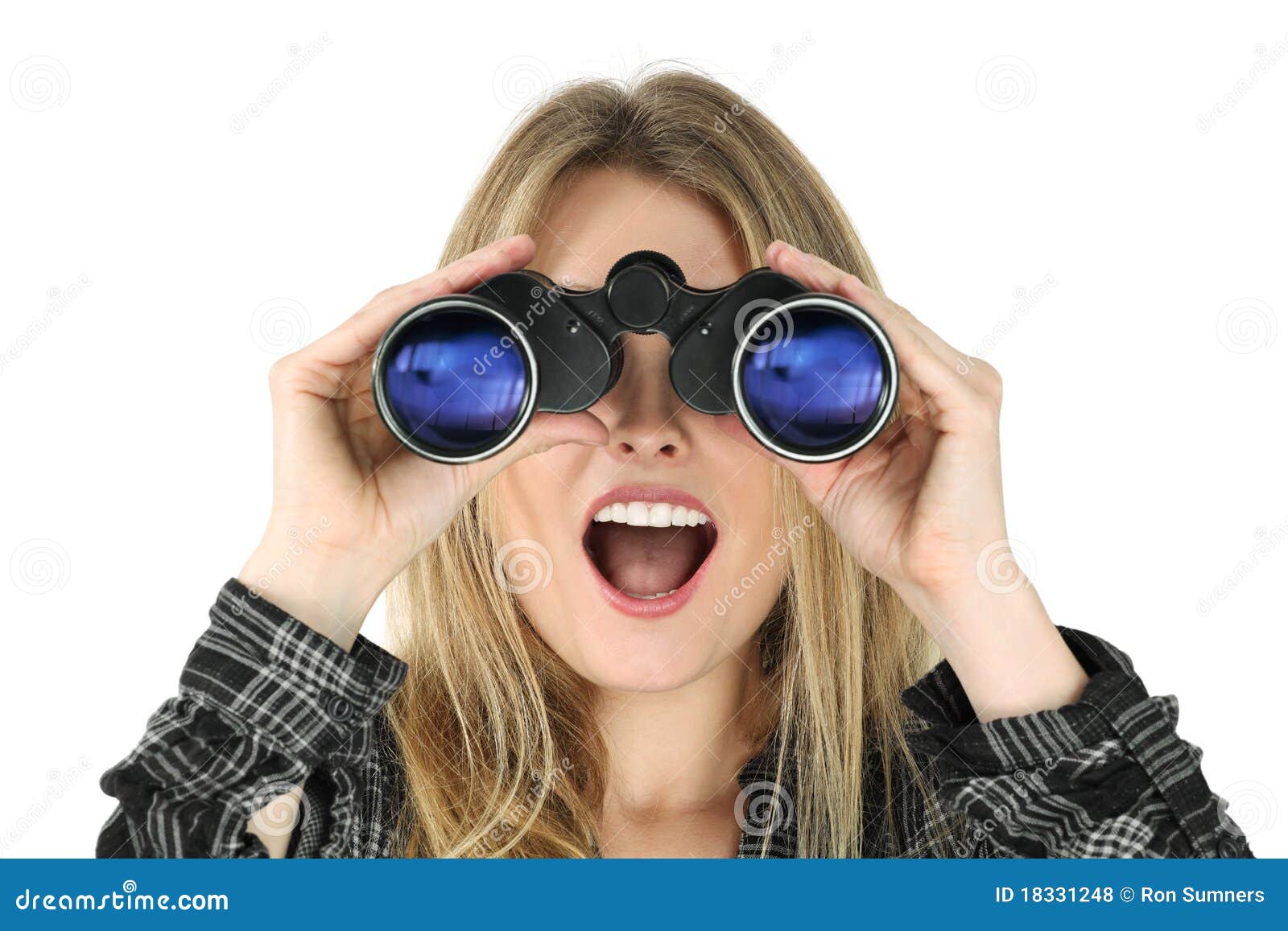 woman with binoculars looking shocked