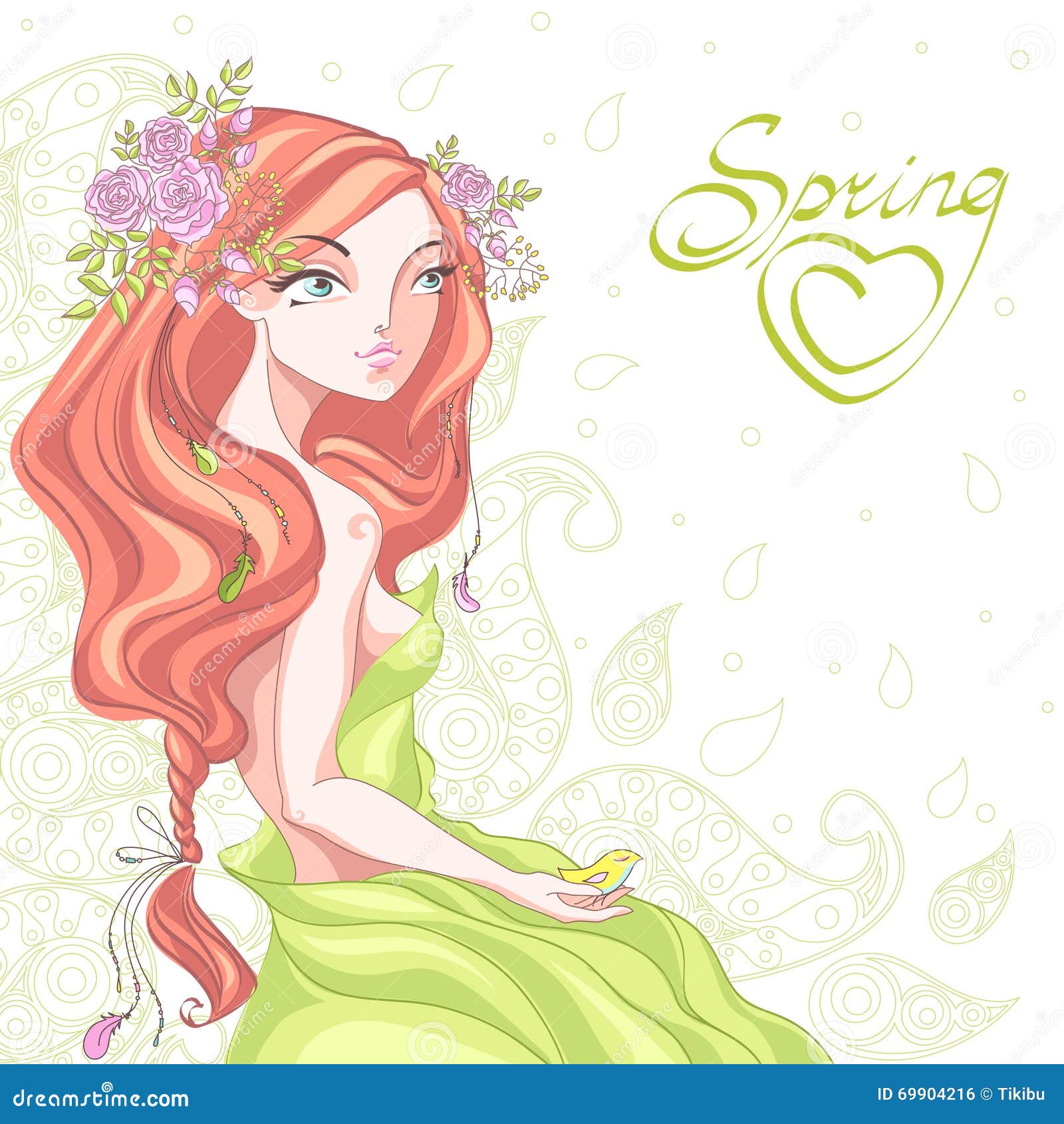 Hand Drawn Young Girl With Curly Hair And Flowers. Cartoon 