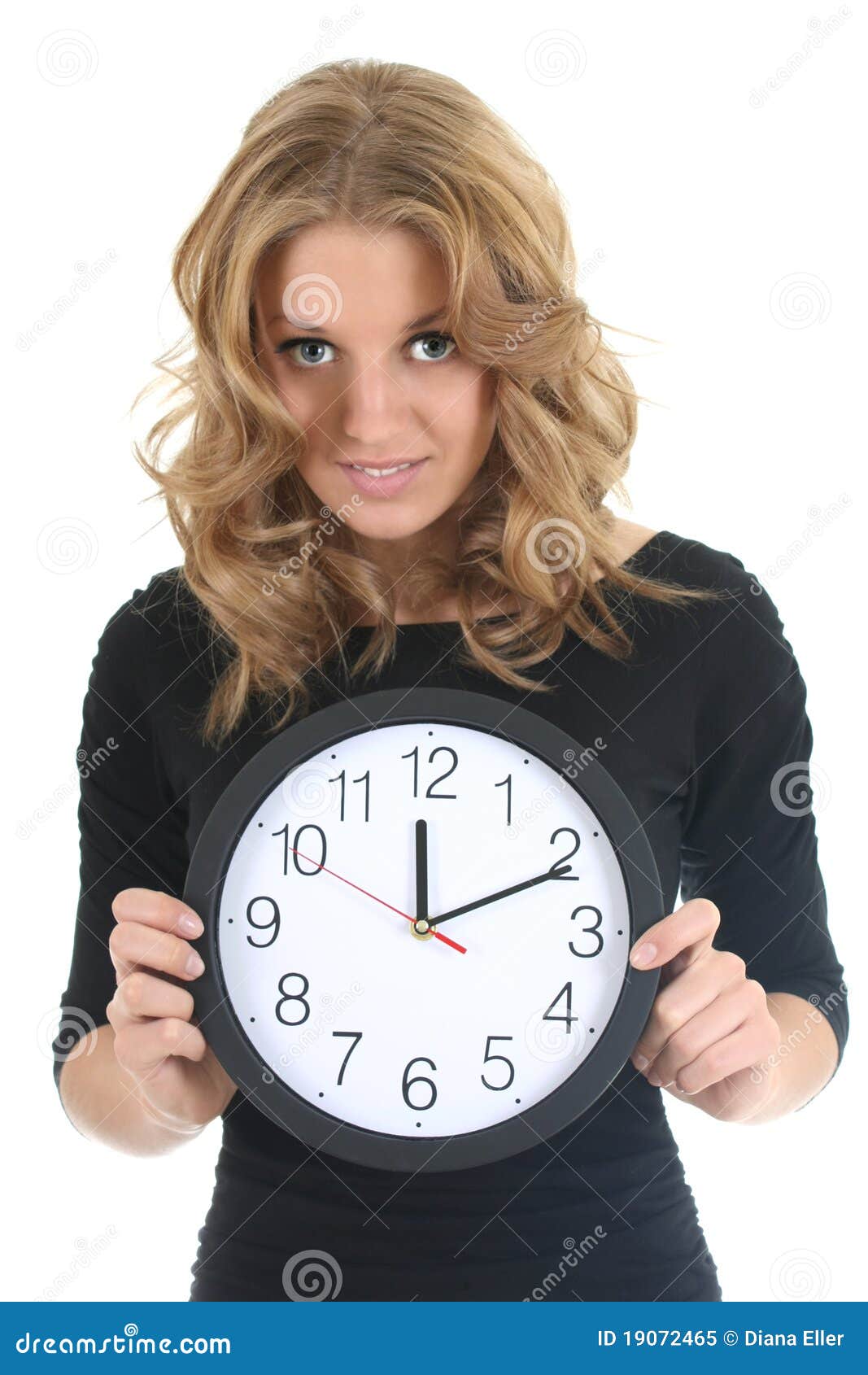Woman in black with clock stock image. Image of alone 19072465