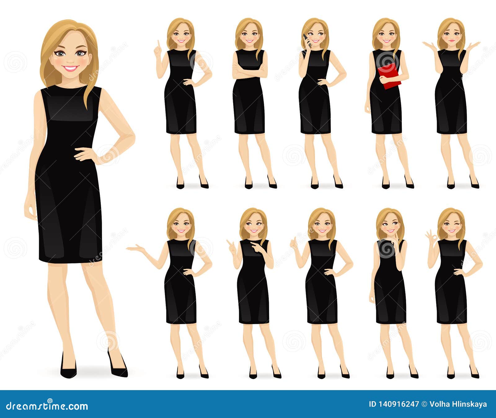 woman in black dress character set