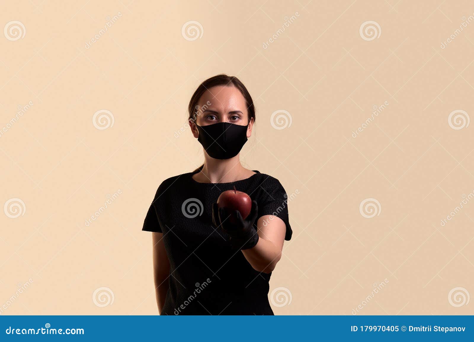 Woman in Black Dress Face Mask and Latex Gloves Holding and Share Red ...