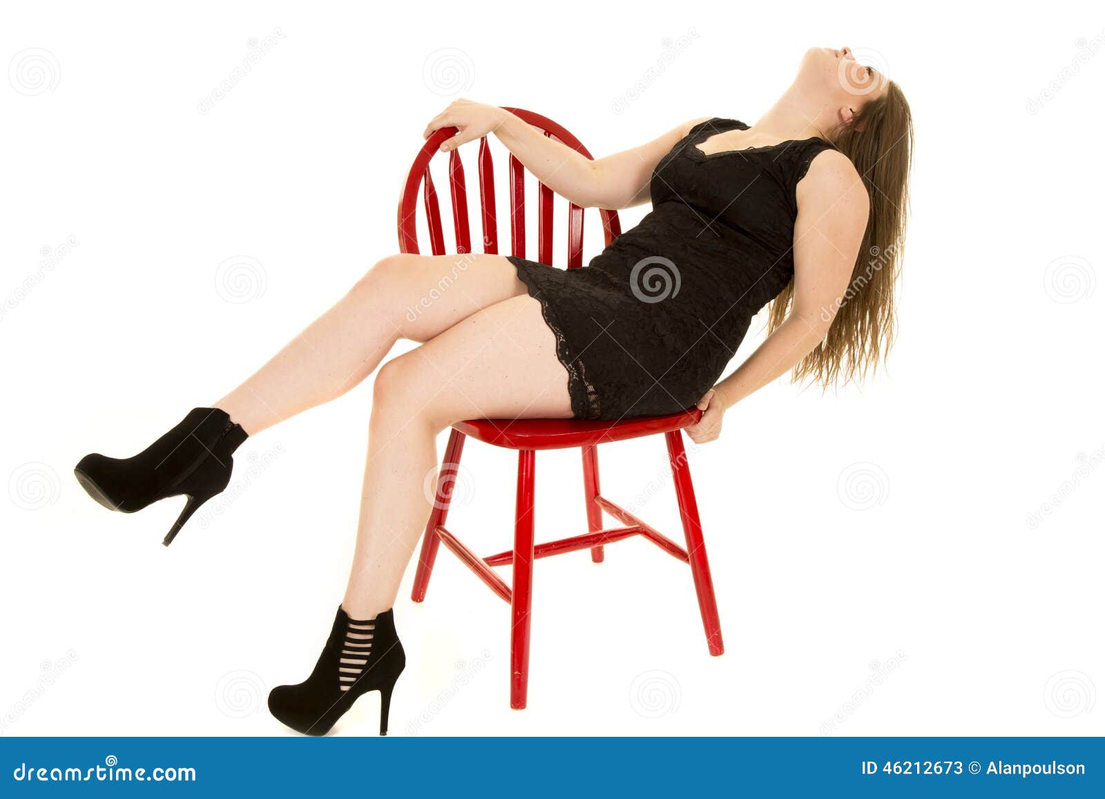 Woman Black Dress Lean Back Red Chair Stock Image Image Of Confident Luxury 46212673 