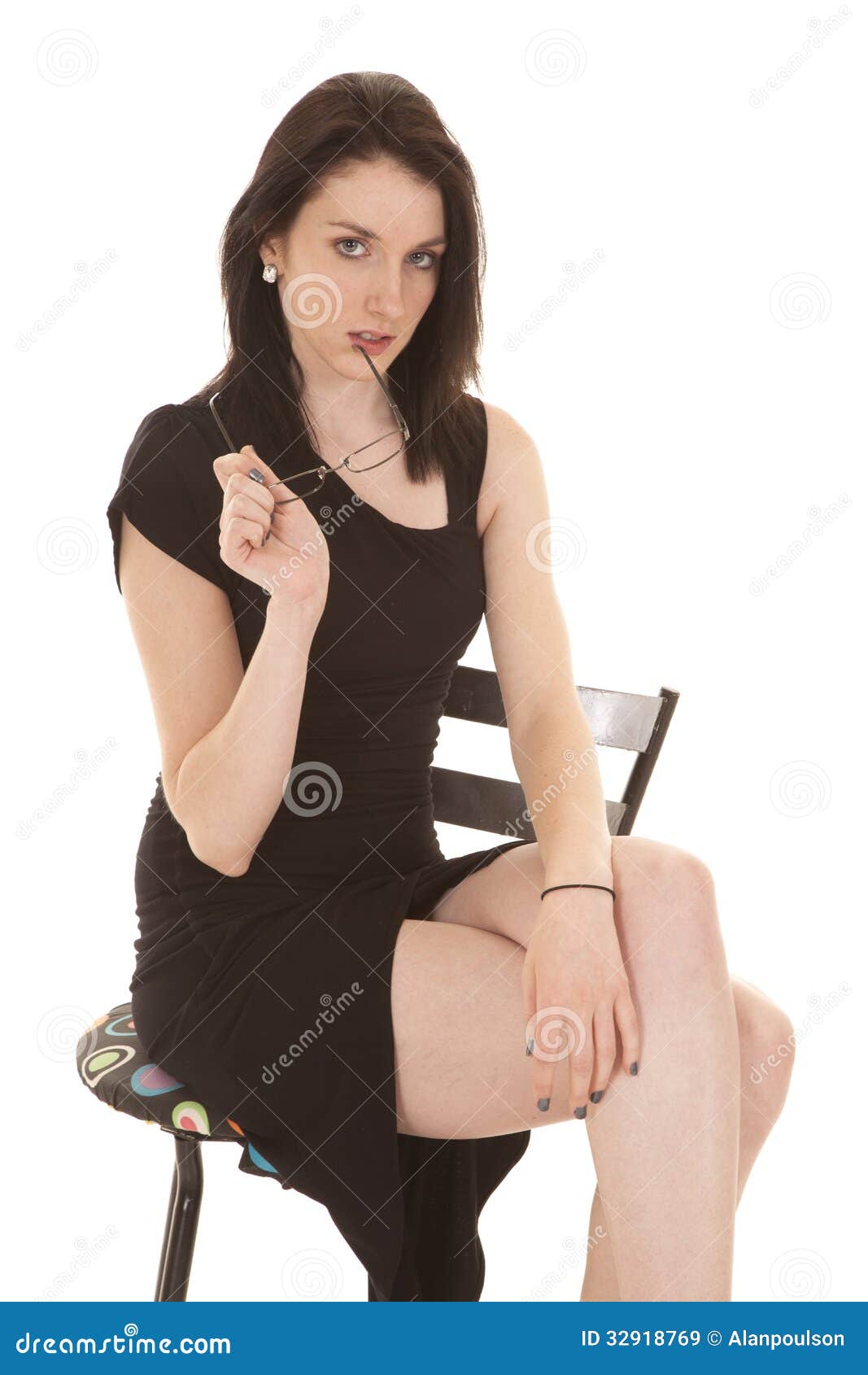 Woman Black Dress Sit Glasses By Mouth Stock Image - Image ...