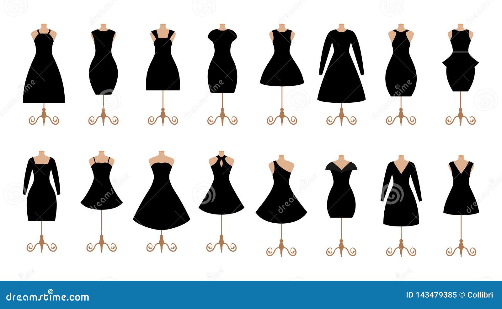 woman black dresses fashion icon set.