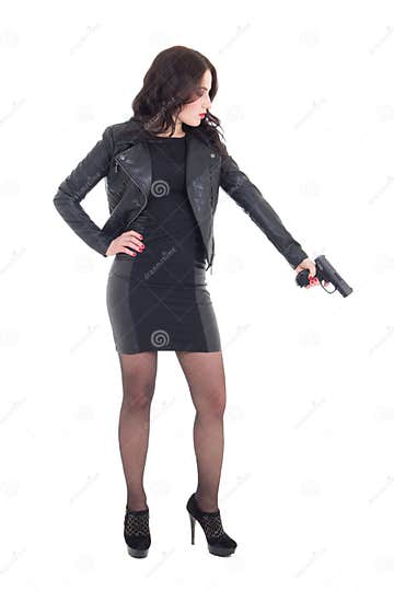 Woman in Black Holding Gun Isolated on White Stock Photo - Image of ...