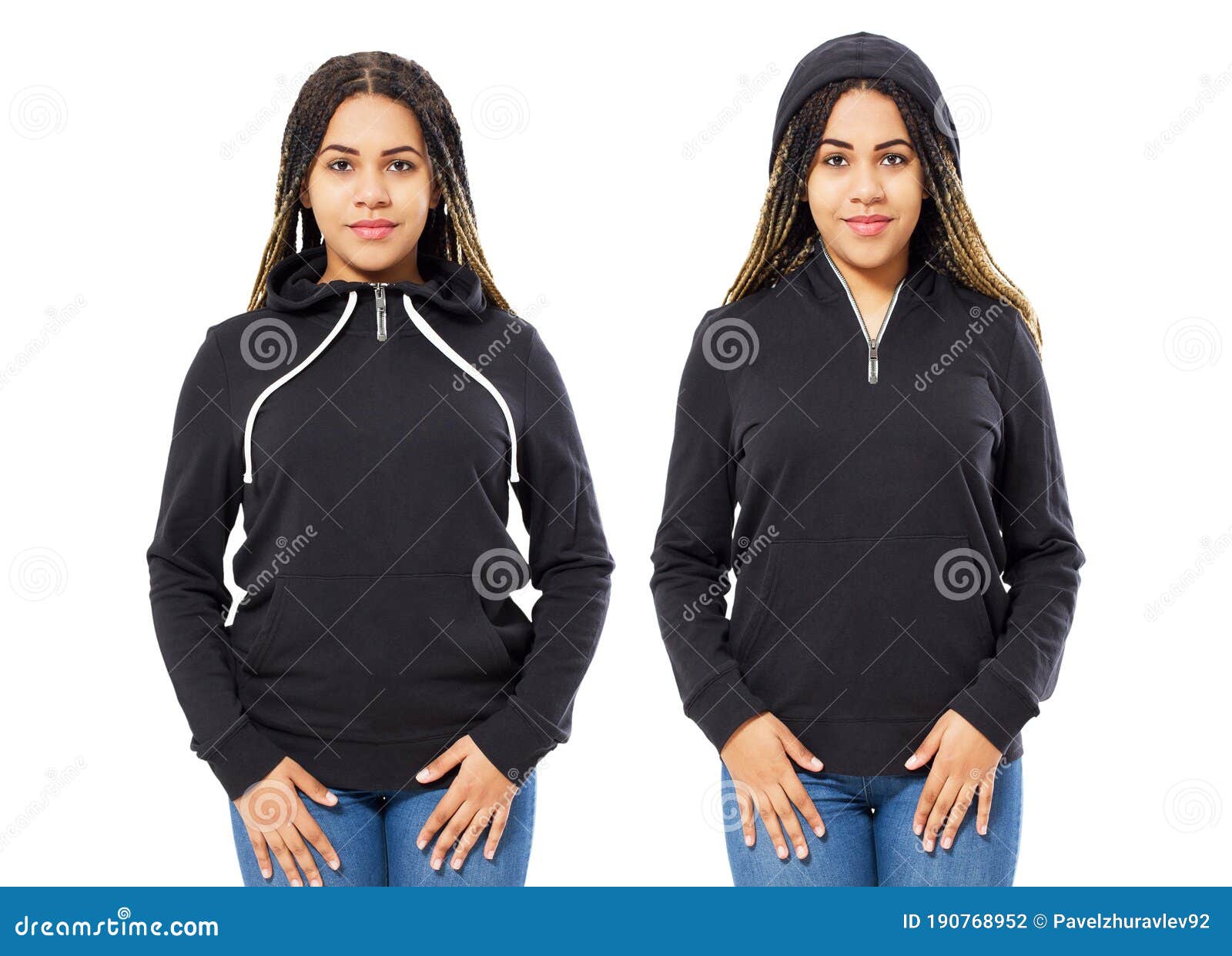 Download Woman In Black Hoodie Hoody Set Front View, Hoody Mockup Isolated On White Background. Girl Puts ...