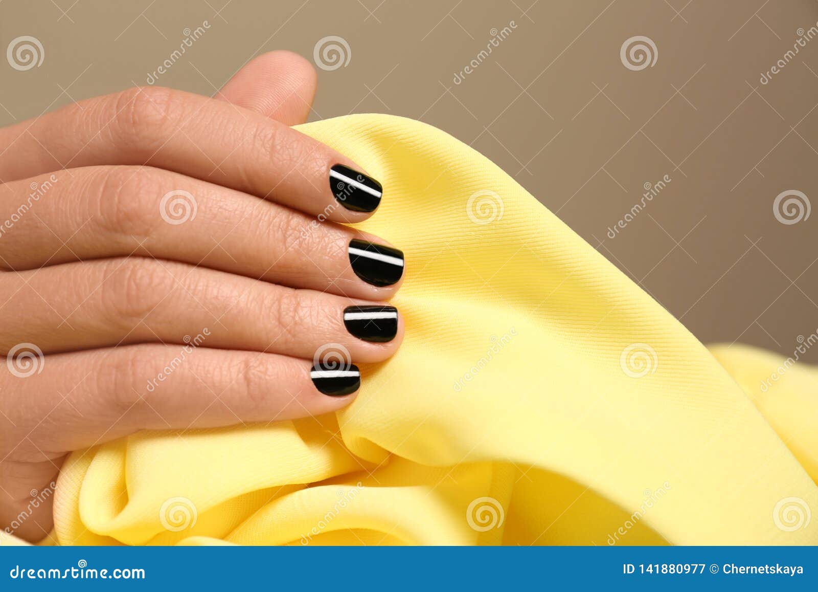 Woman with Black Manicure Holding Color Fabric, Closeup. Stock Image ...