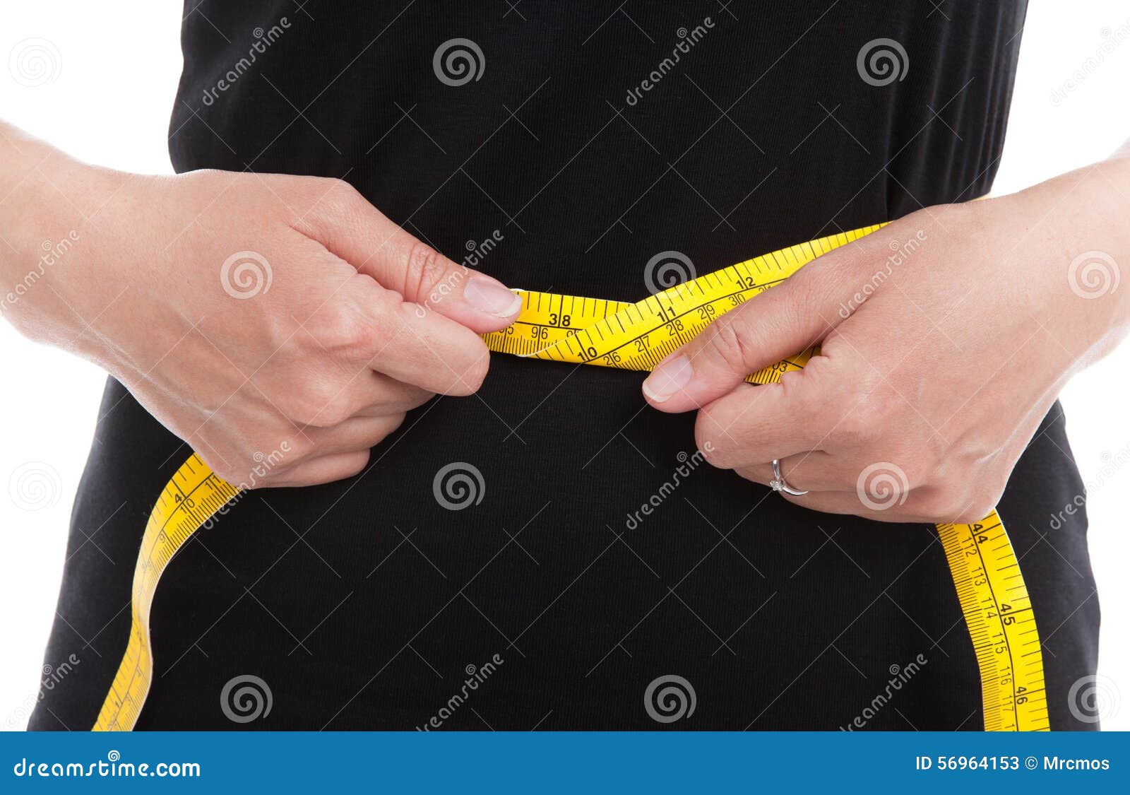 the woman in black measures her waist circumference with measuri
