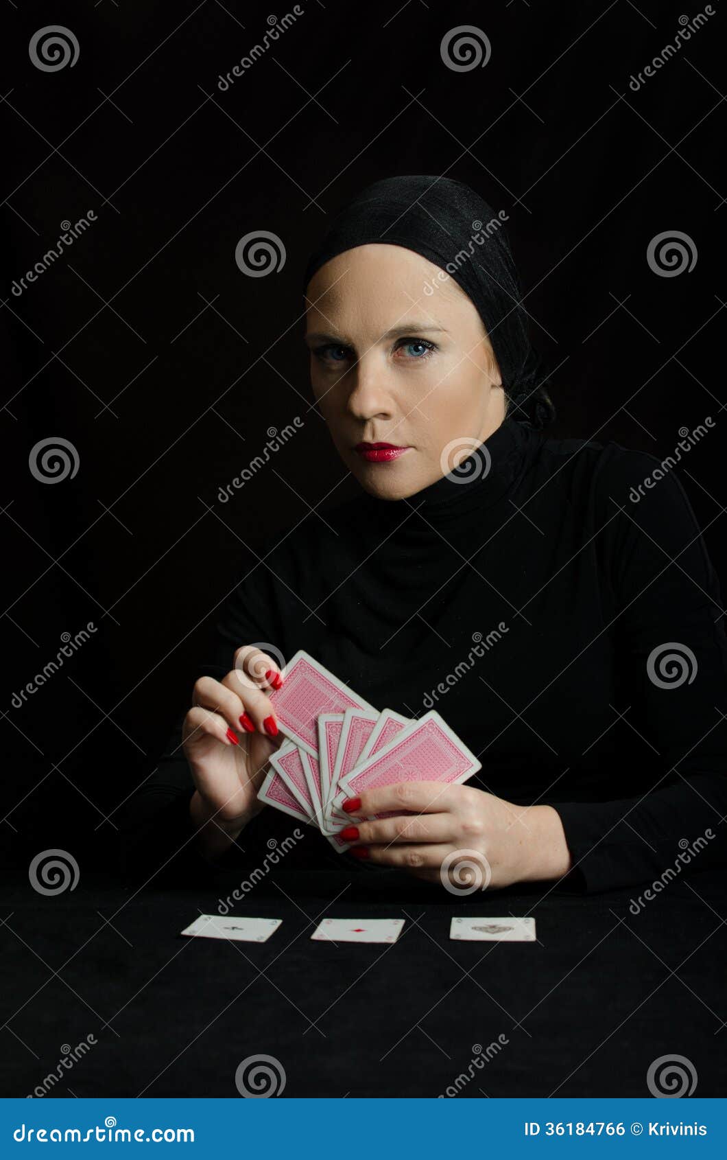 Woman in Black with Playing Cards Stock Photo - Image of lose, leisure ...