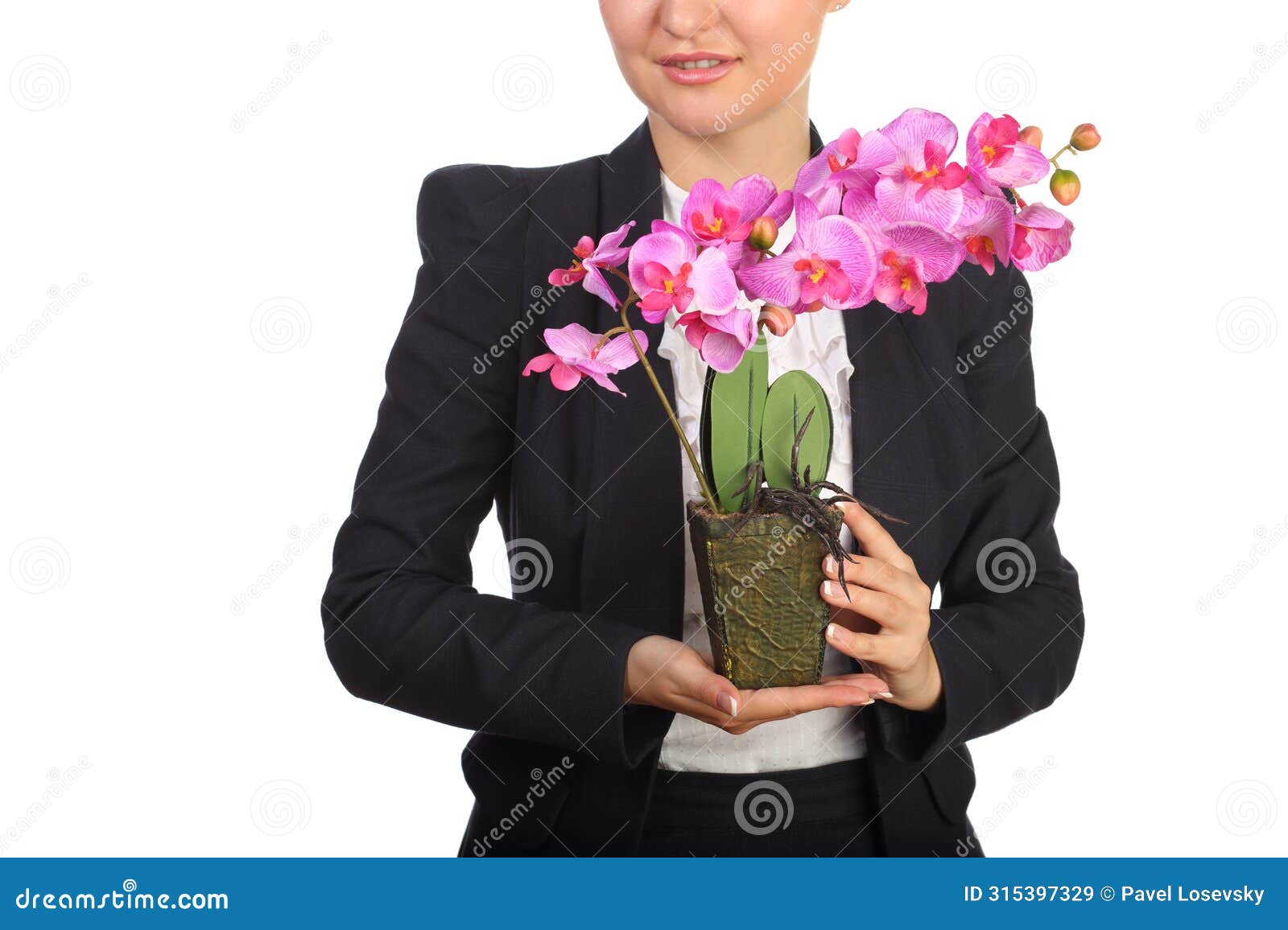 woman in black suit holding flowerpot with