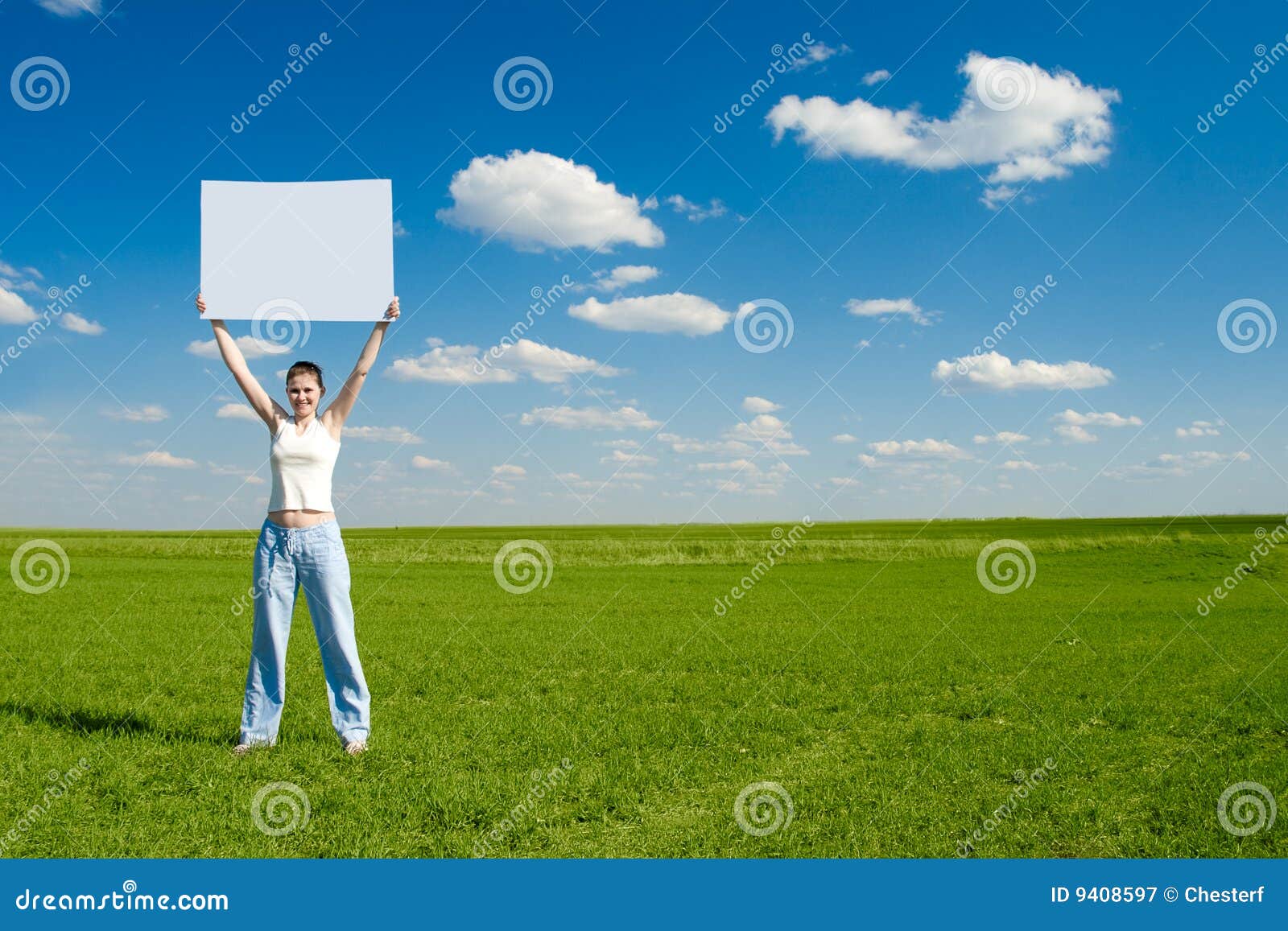 woman with blank advert poster