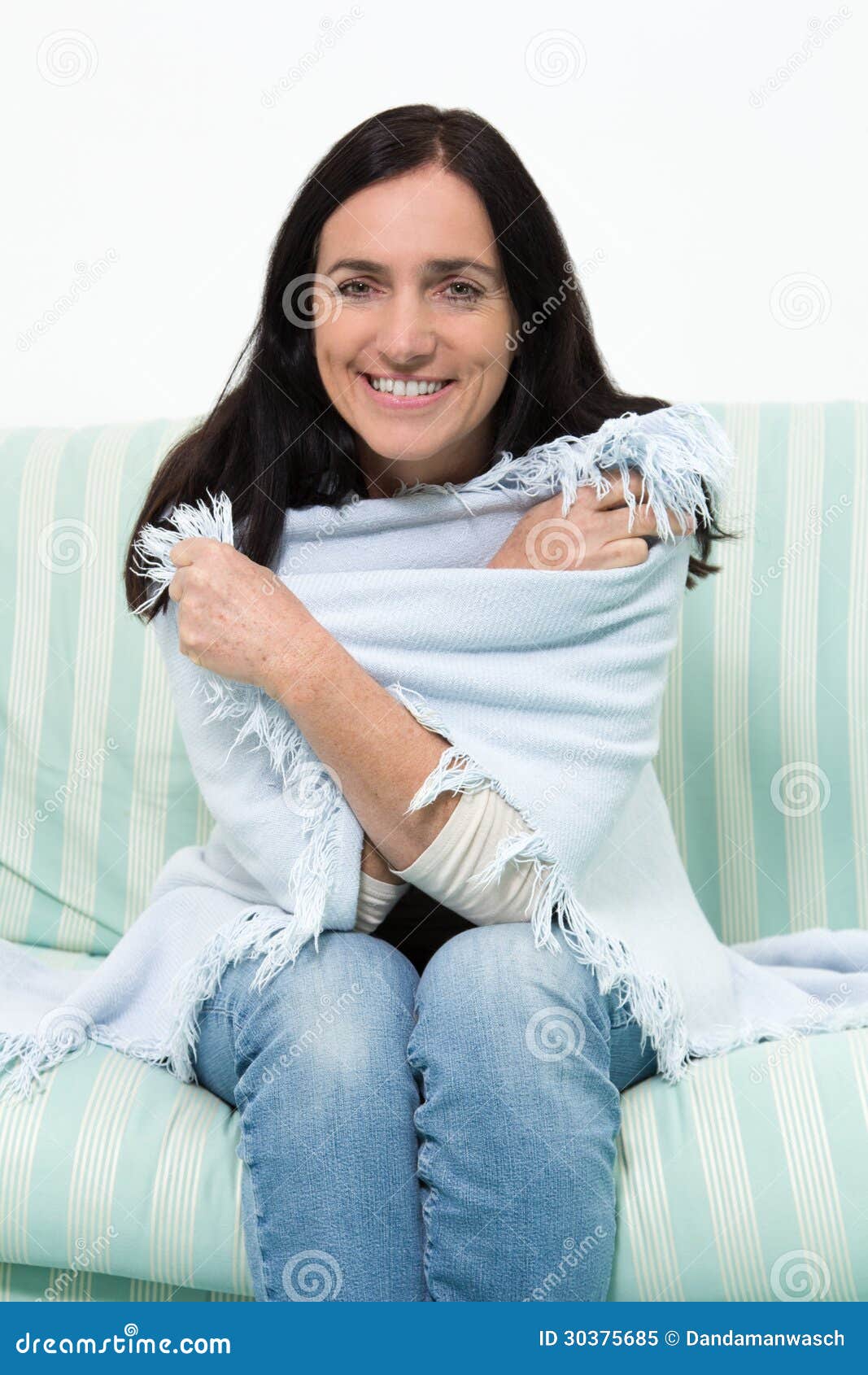 Woman with a Blanket on a Couch Stock Image Image of cheerful, hair