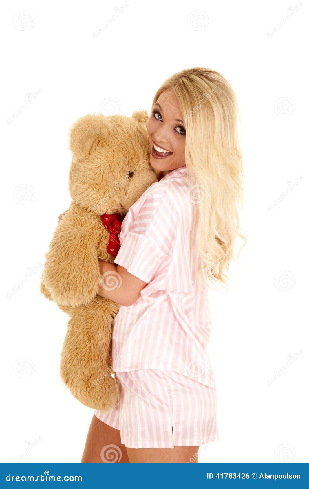 Woman Blond Pajamas Bear Hug Smile Stock Photo - Image of face, female: 417...