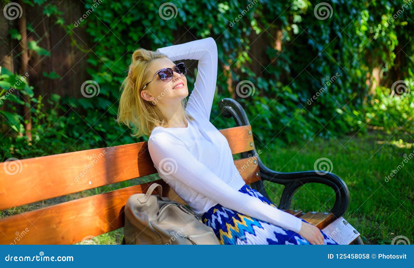 Woman Blonde With Sunglasses Dream About Vacation Take Break Relaxing In Park Girl Sit Bench 