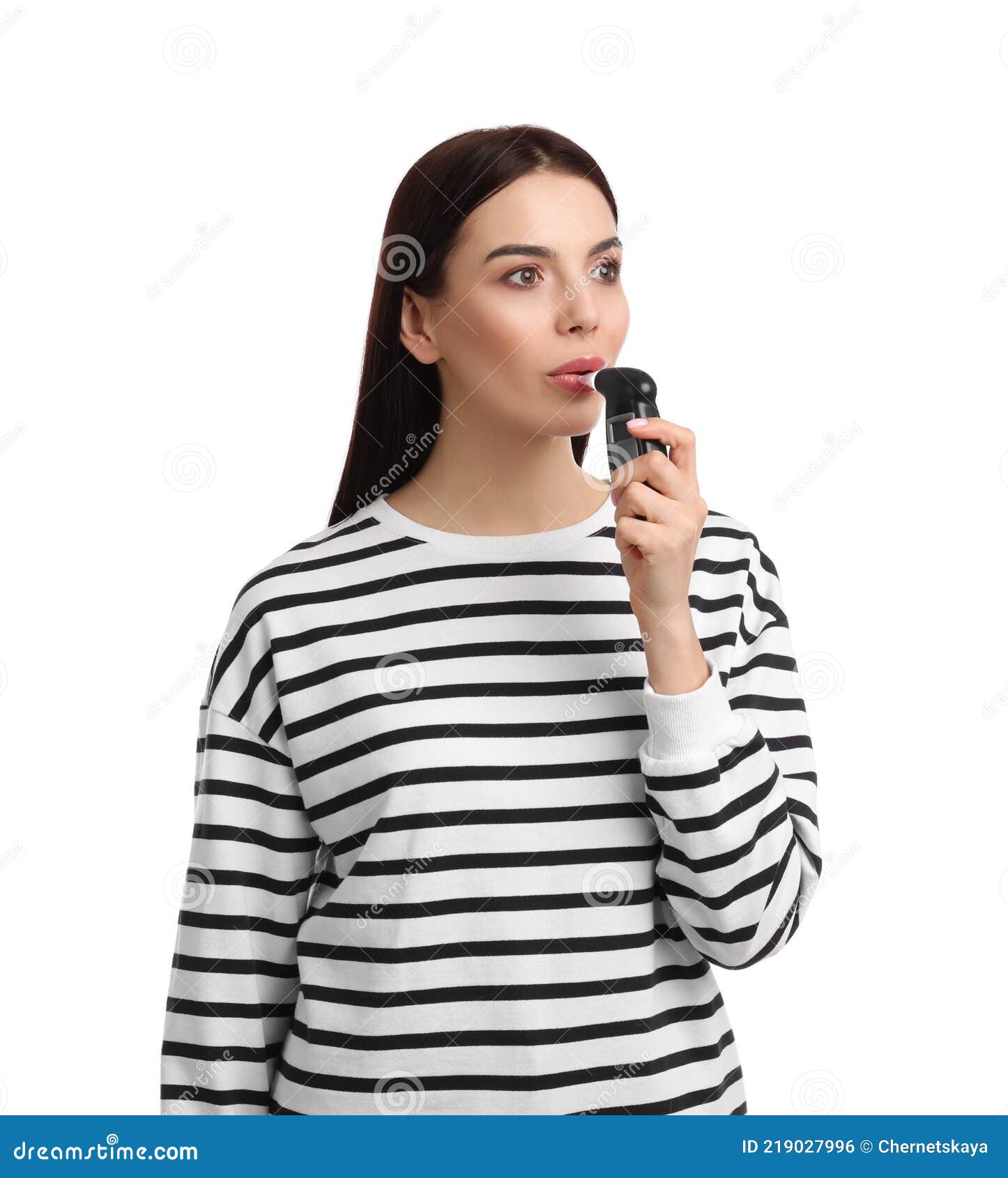 Woman Blowing into Breathalyzer on White Background Stock Photo Image of design, breathalyser