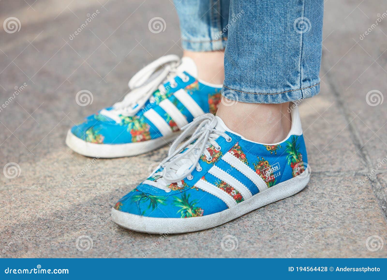 Woman with Blue Adidas Shoes with Pineapples Jeans before Gabriele Colangelo Fashion Show, Milan Fashion Editorial Stock - Image of sneakers, gabriele: 194564428