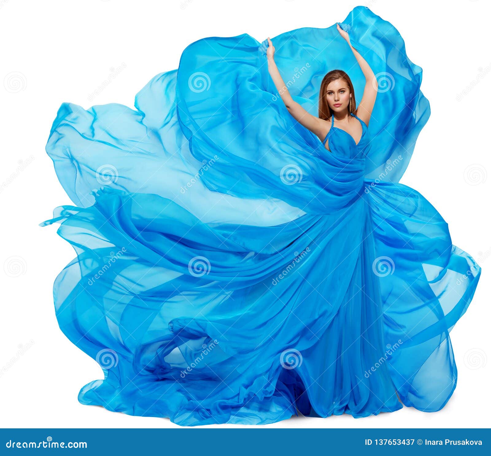 Woman Blue Dress, Fashion Model Dancing in Long Waving Gown, Fabric ...