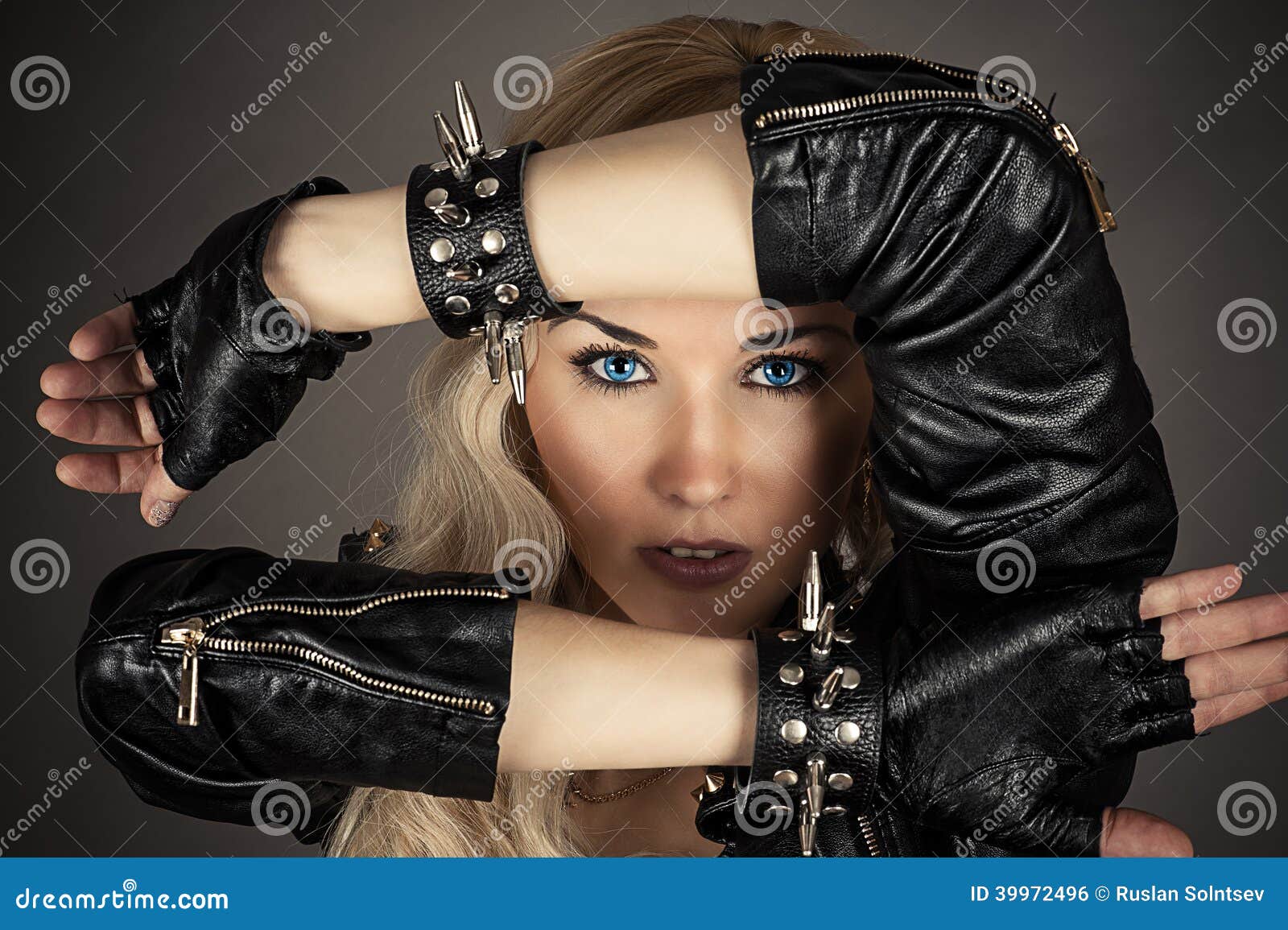 Woman with Blue Eyes in a Leather Jacket Stock Photo Image of defense