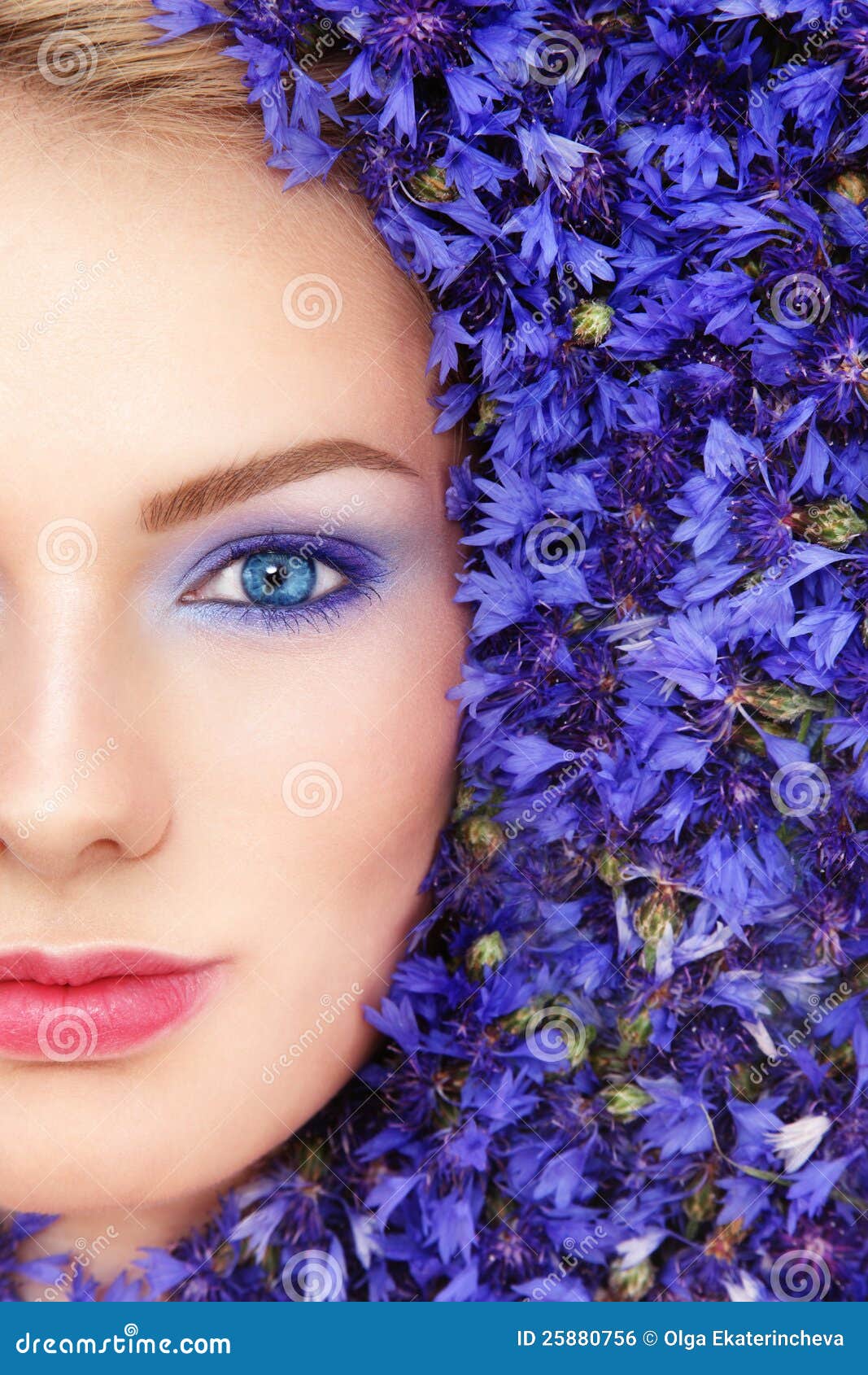 Woman in blue flowers stock photo. Image of blooming - 25880756