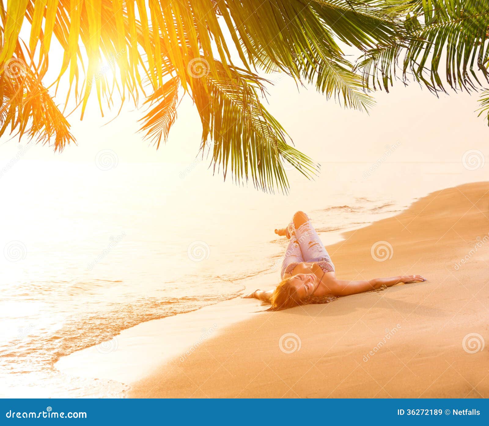 Woman in Blue Jeans and Bikini at the Beach Stock Image Image of
