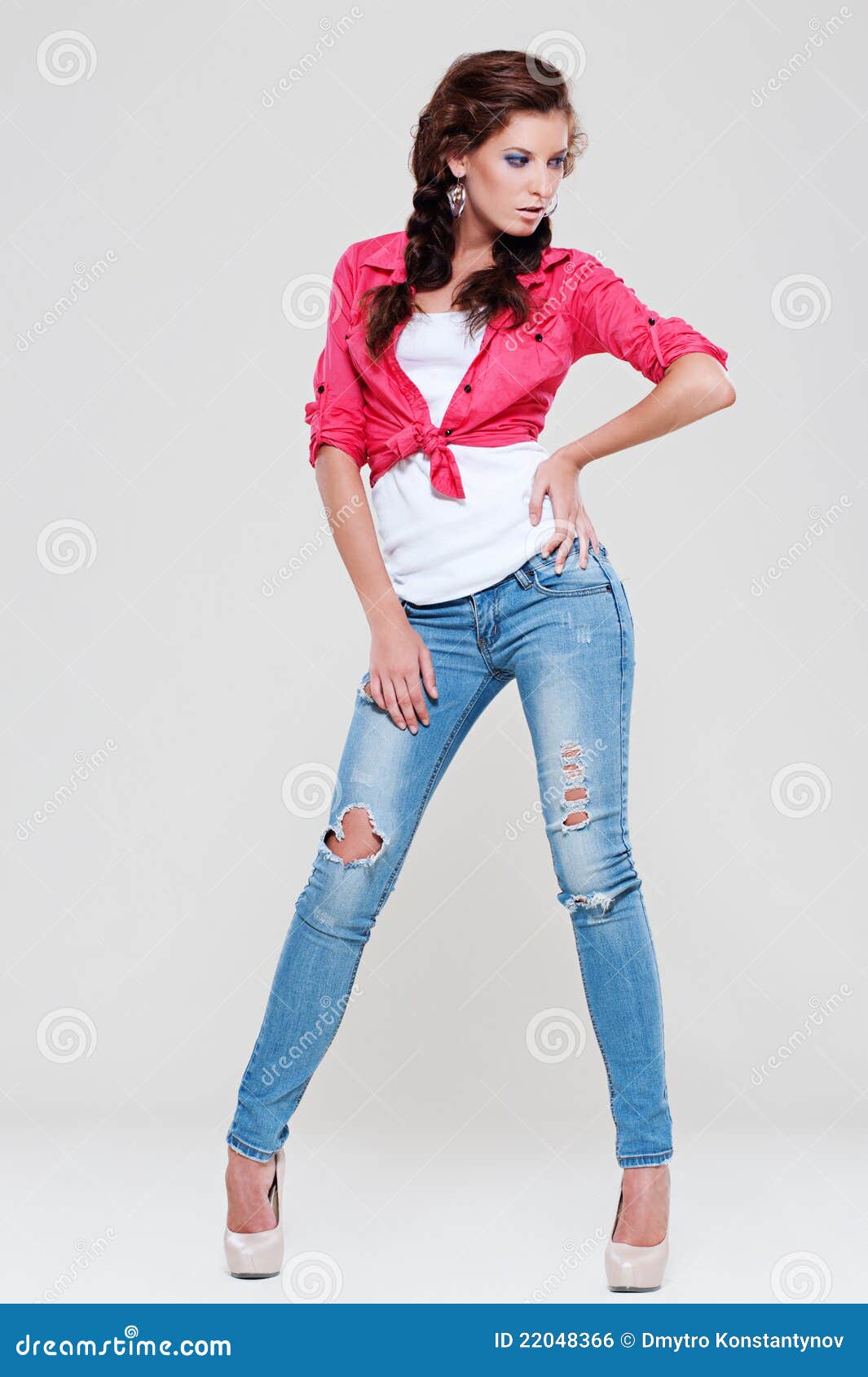 red shirt and jeans