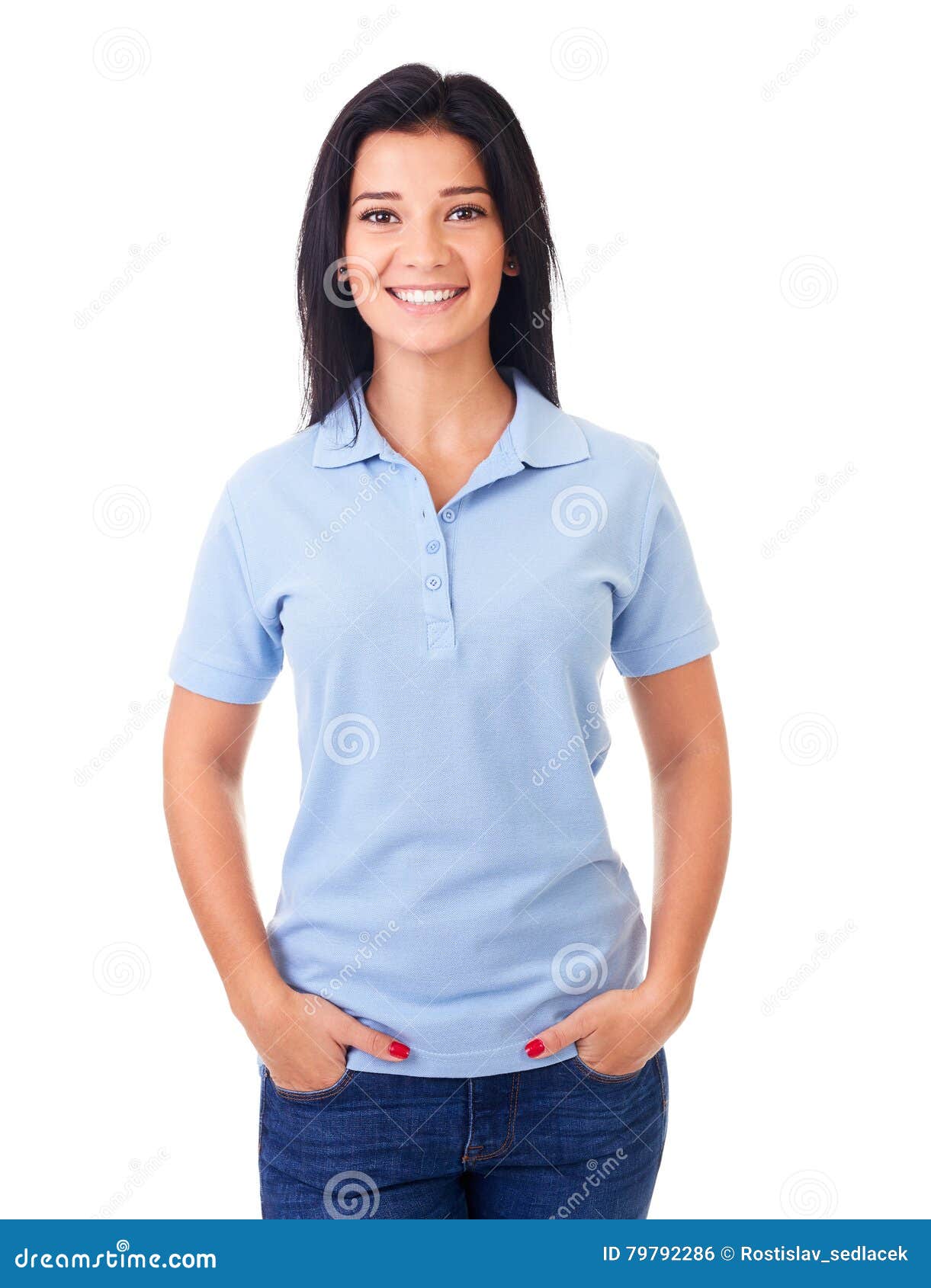 woman in blue polo shirt