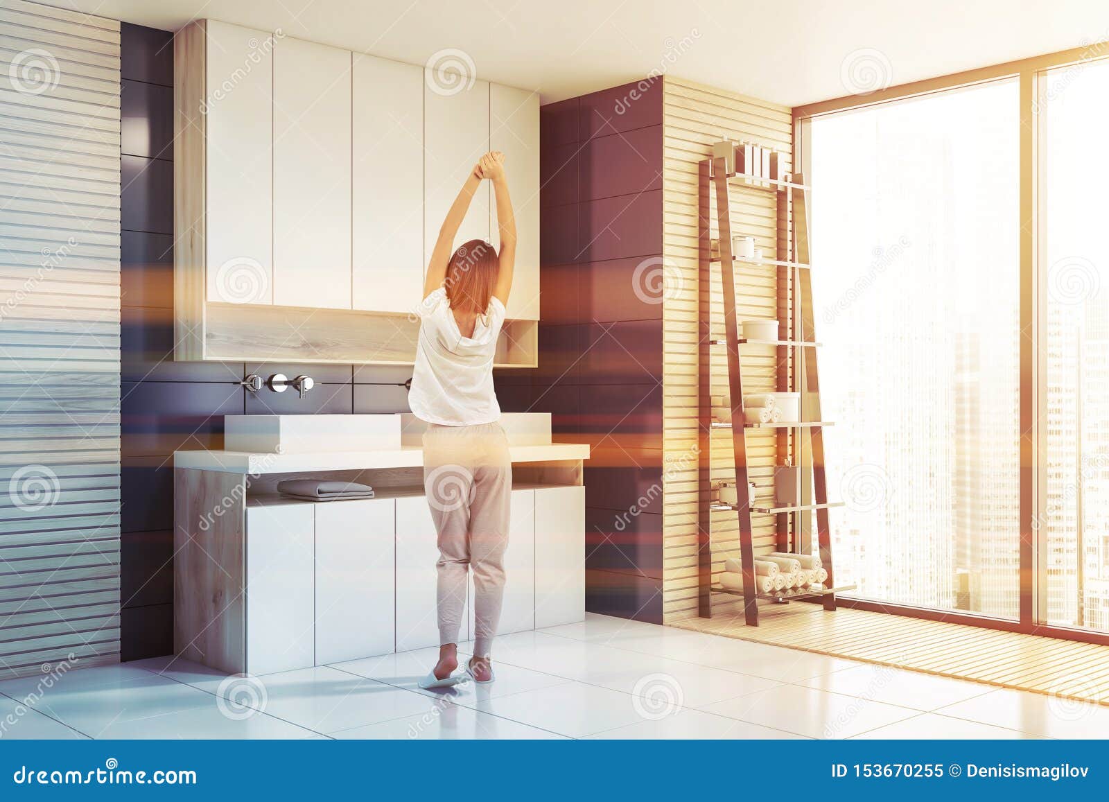 Woman In Blue Tile Bathroom With Sink Stock Image Image Of