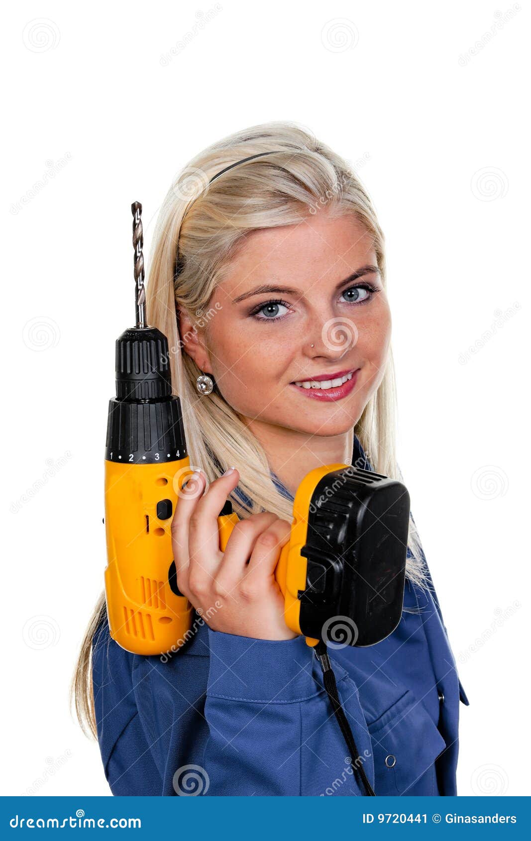 Woman in Blue Work Clothes with Drill Stock Image Image of machine