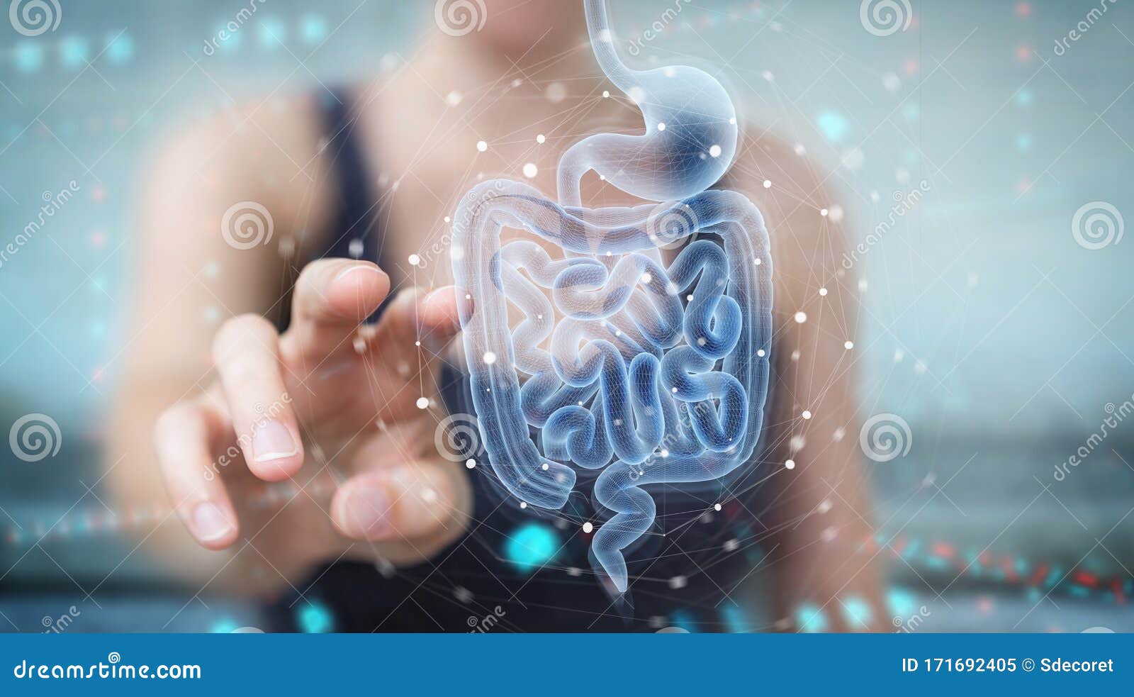 woman using digital x-ray of human intestine holographic scan projection 3d rendering