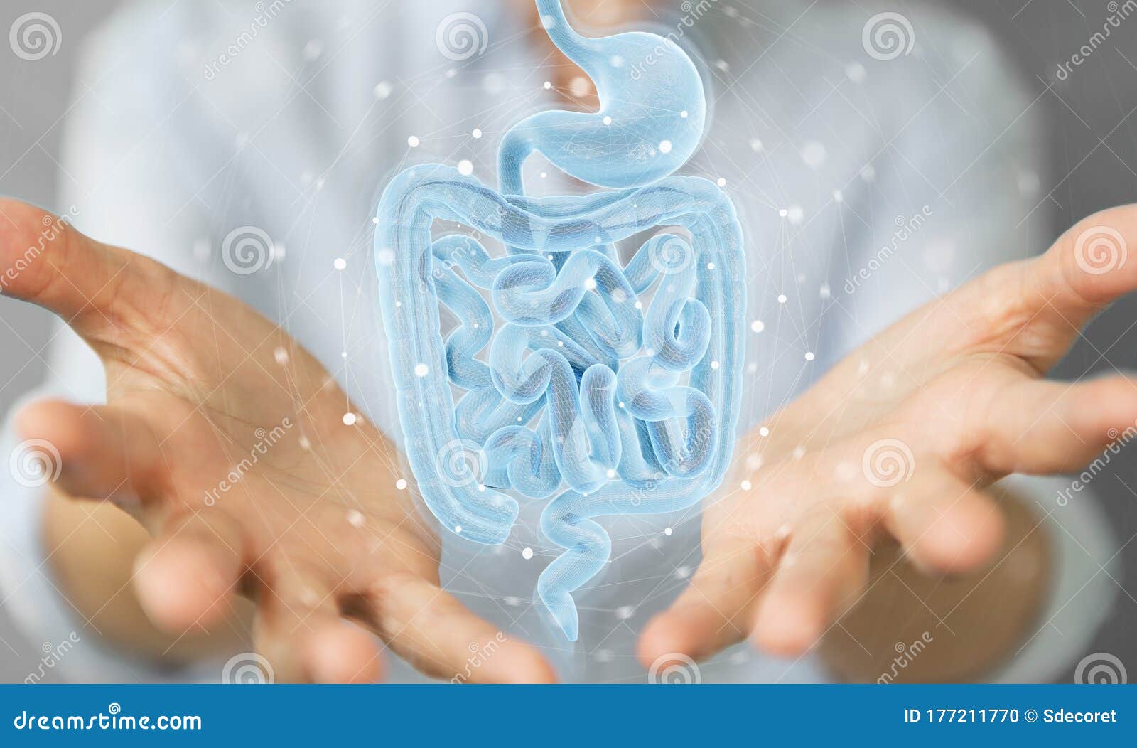 woman using digital x-ray of human intestine holographic scan projection 3d rendering