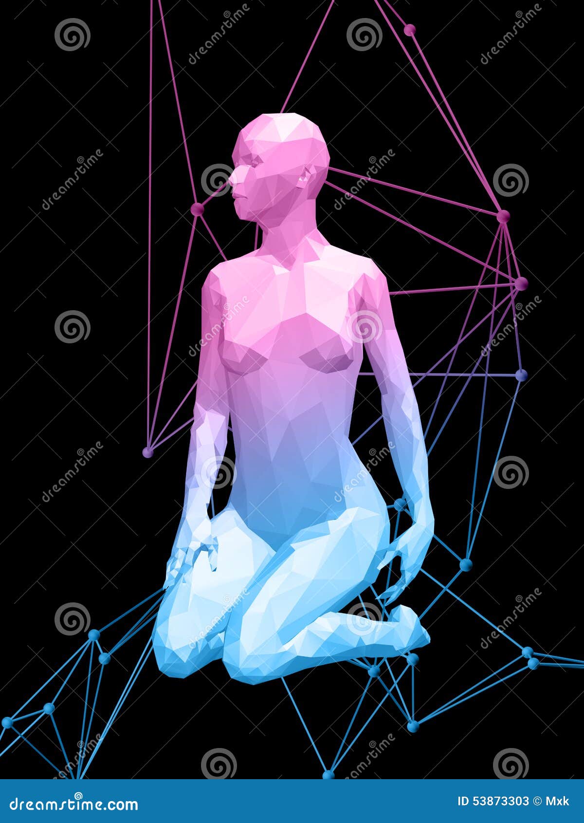 Colorful 3D abstract woman body on black background.