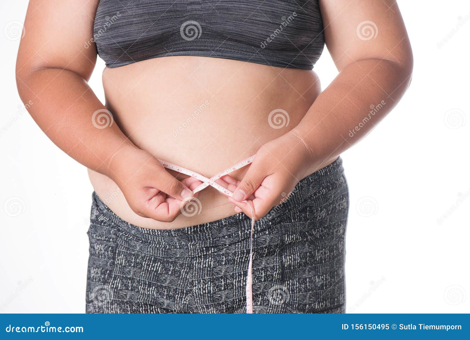 Woman Body Fat Overweight Squeeze Tighten by Measure Tape or Line Tape  Wearing Black Underwear Bra Stock Image - Image of isolated, healthy:  156150495