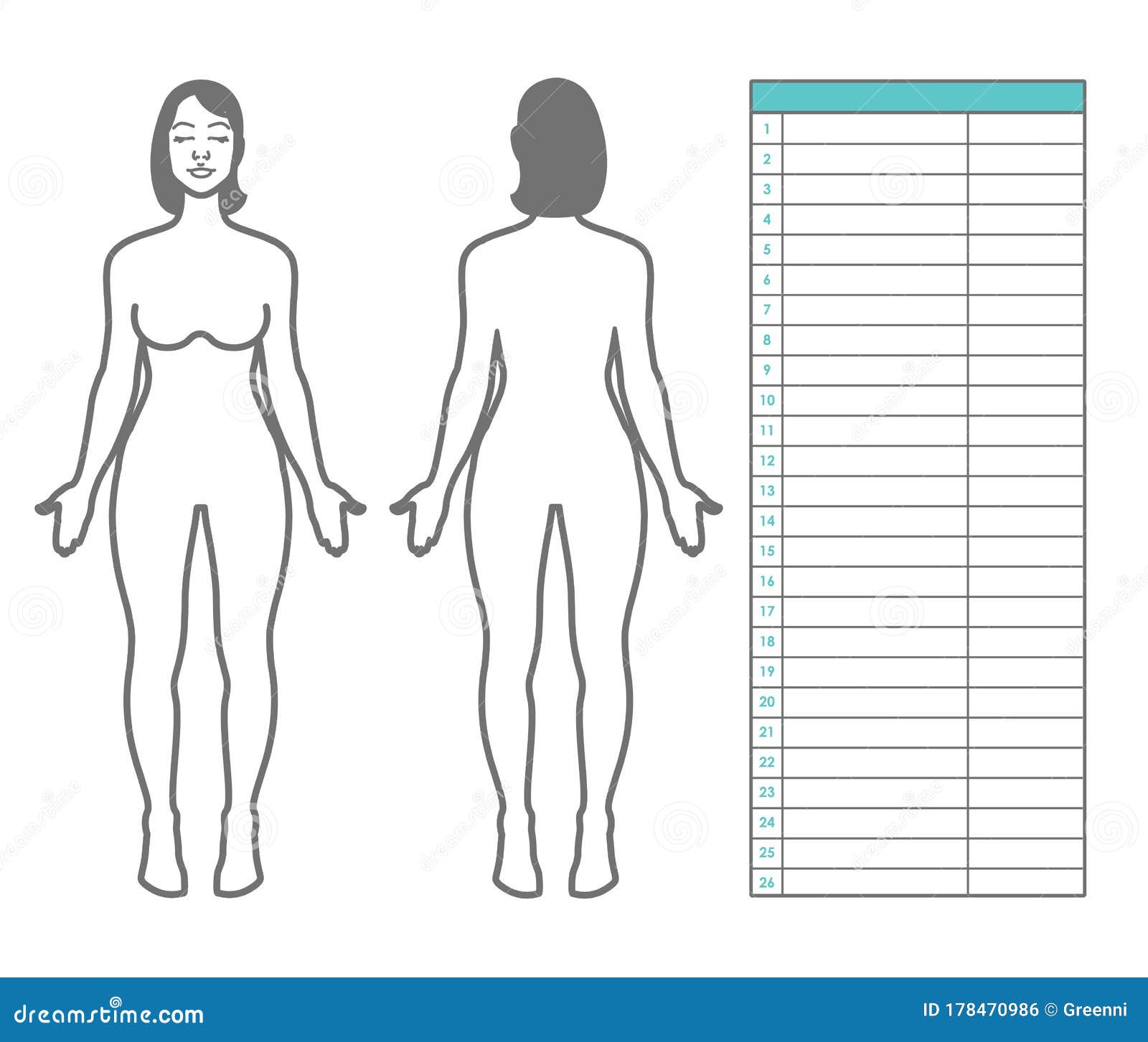 Woman Body Measurement. Scheme of Measurement Human Body Front and Inside Blank Body Map Template