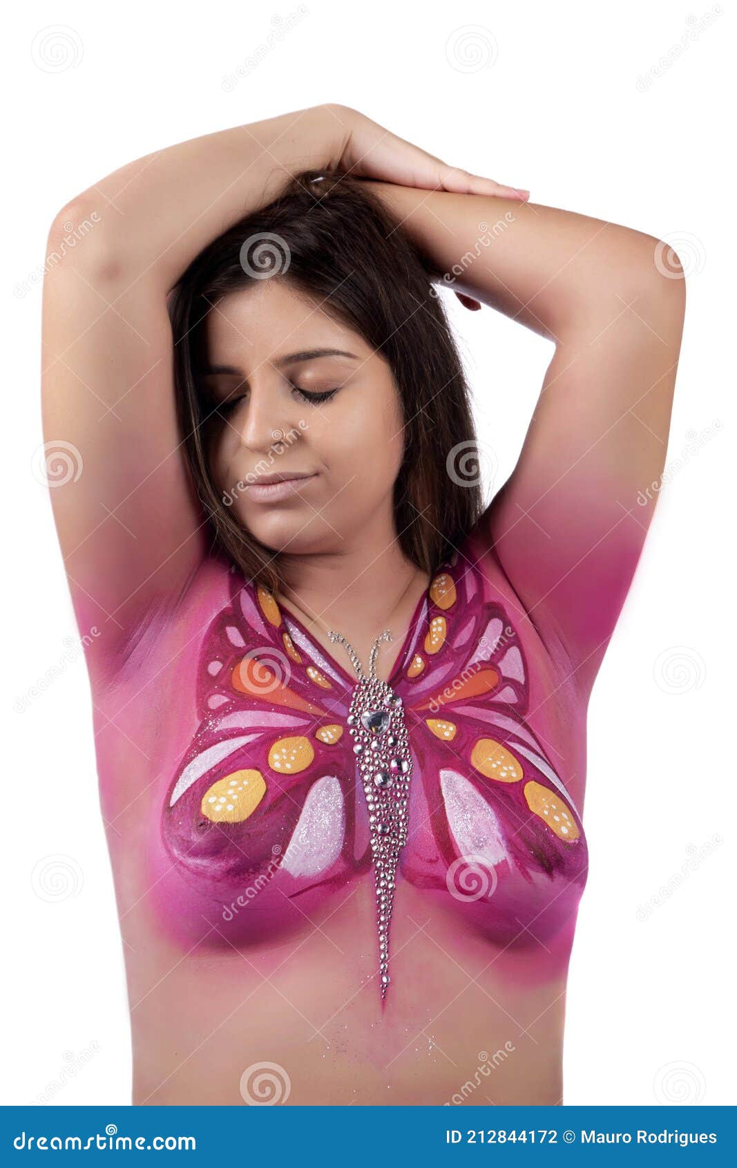 Woman With Beautiful Full Body Pink Paint On Her Nude Chest, A