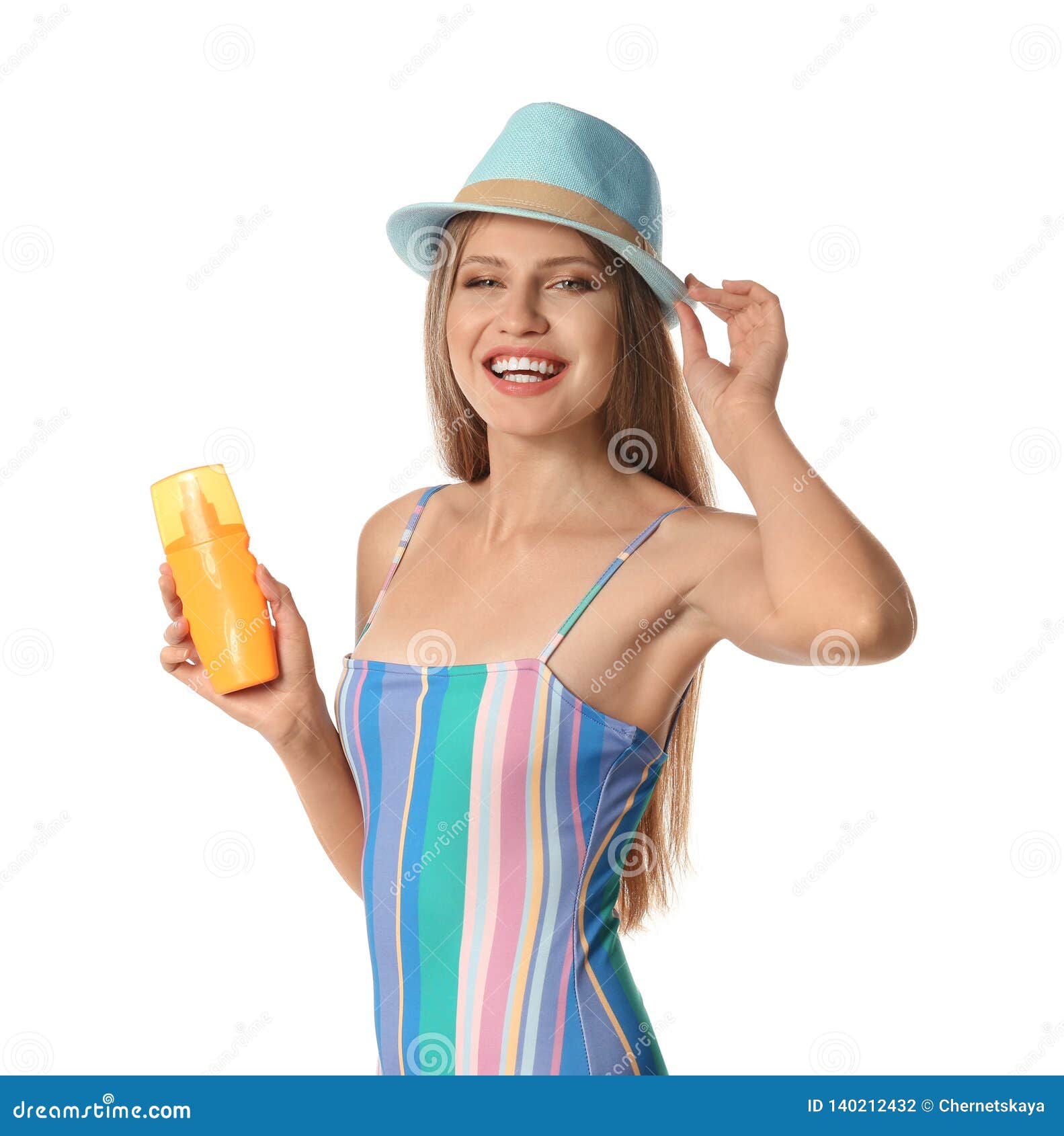 Woman with Bottle of Sun Protection Body Cream Stock Photo Image of