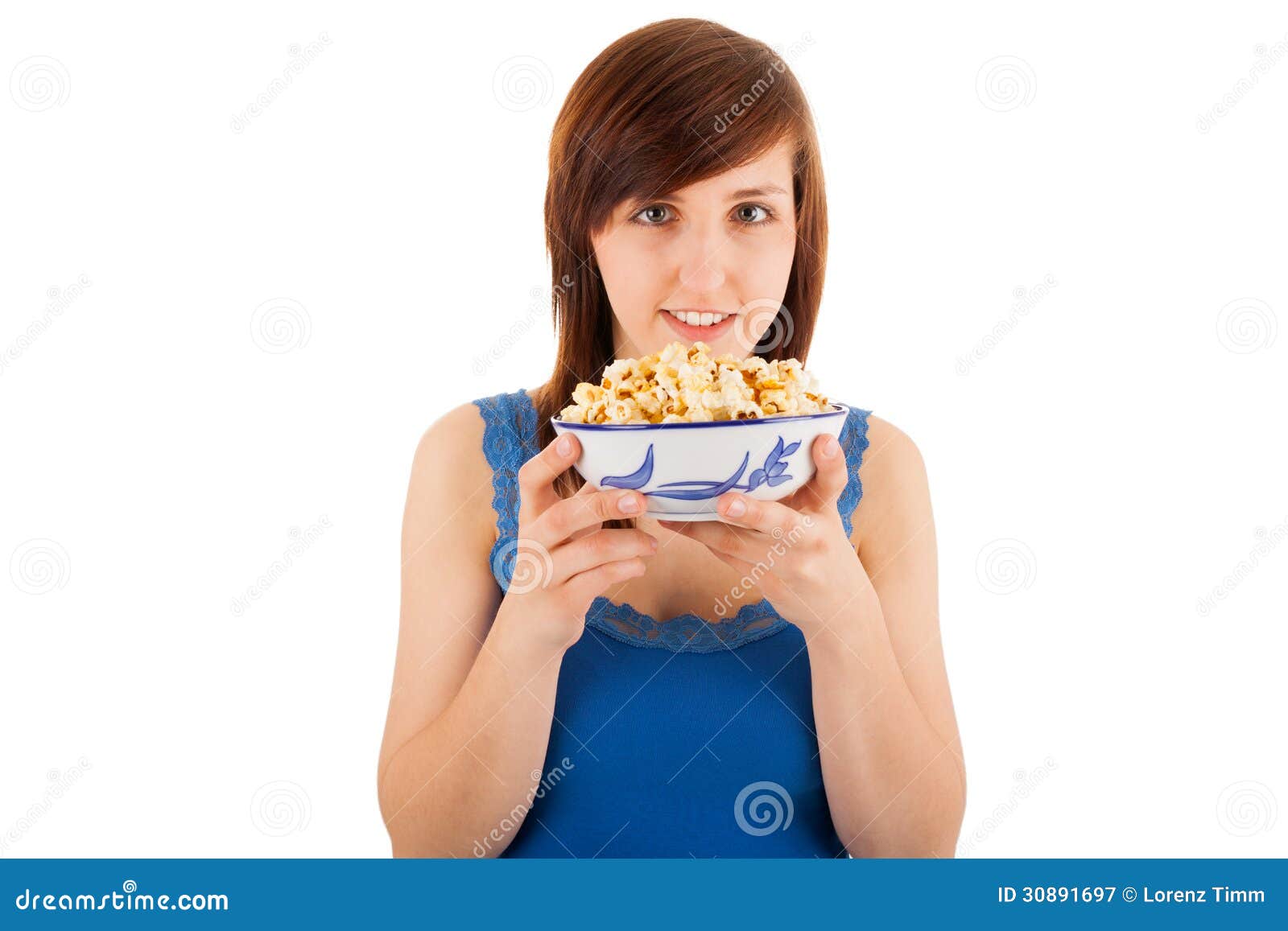 The Woman with a Bowl of Popcorn Stock Image Image of attractive