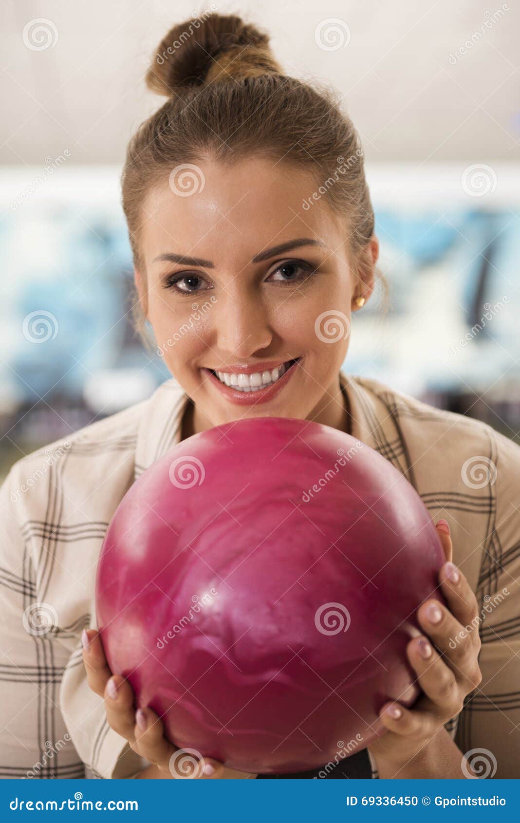 Woman with bowling ball stock photo. Image of smile, looking 69336450
