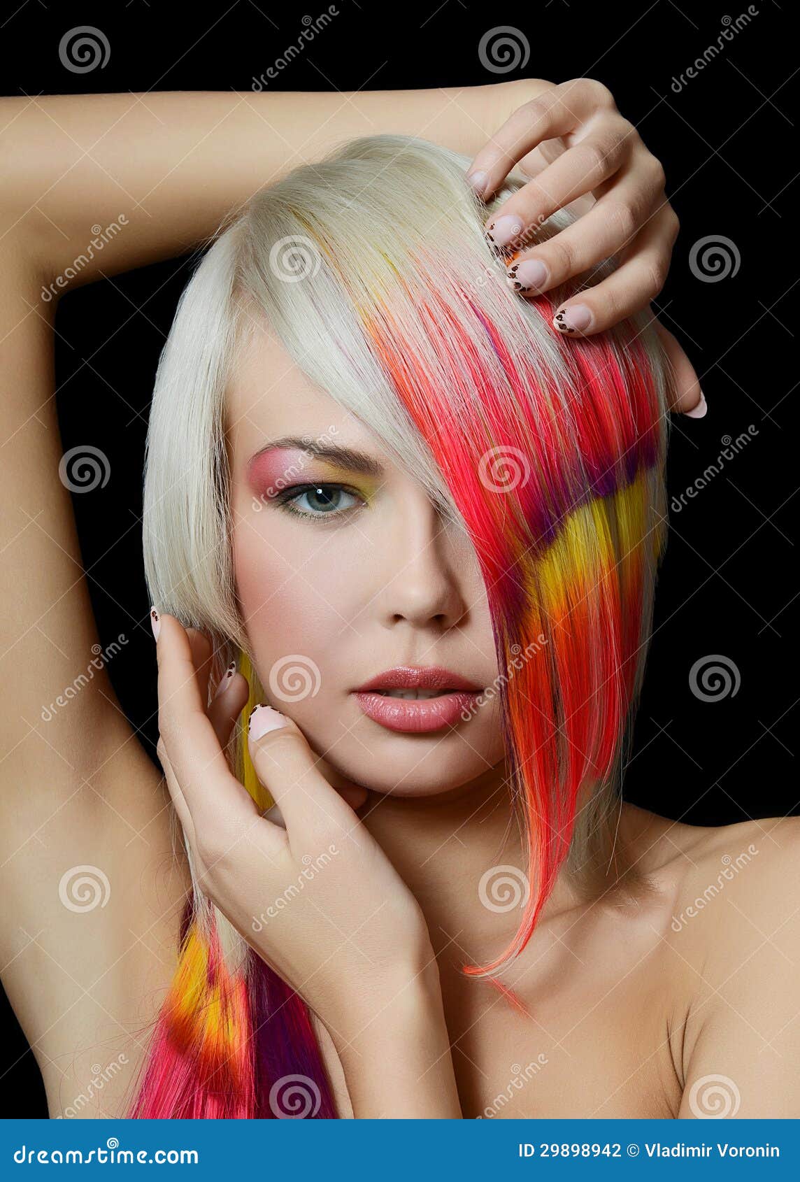 girl with a bright make-up and multi-coloured hair