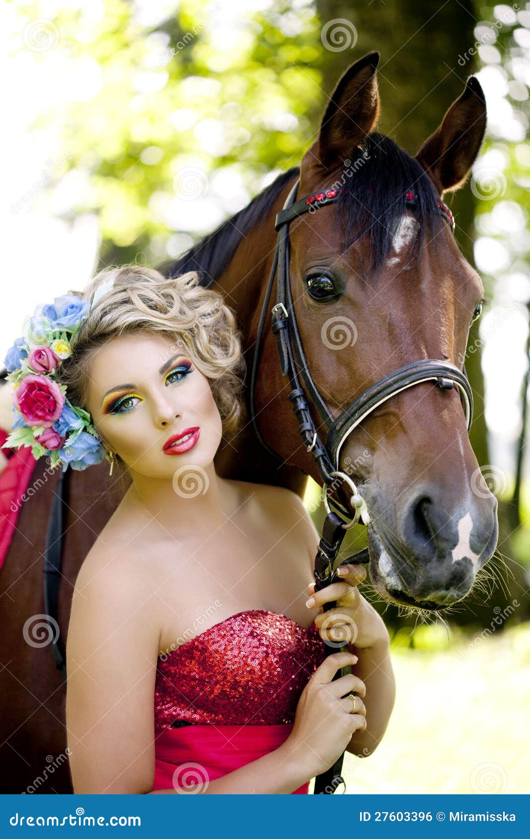 Woman with Bright Makeup on the Horse Outdoors Stock Photo Image of