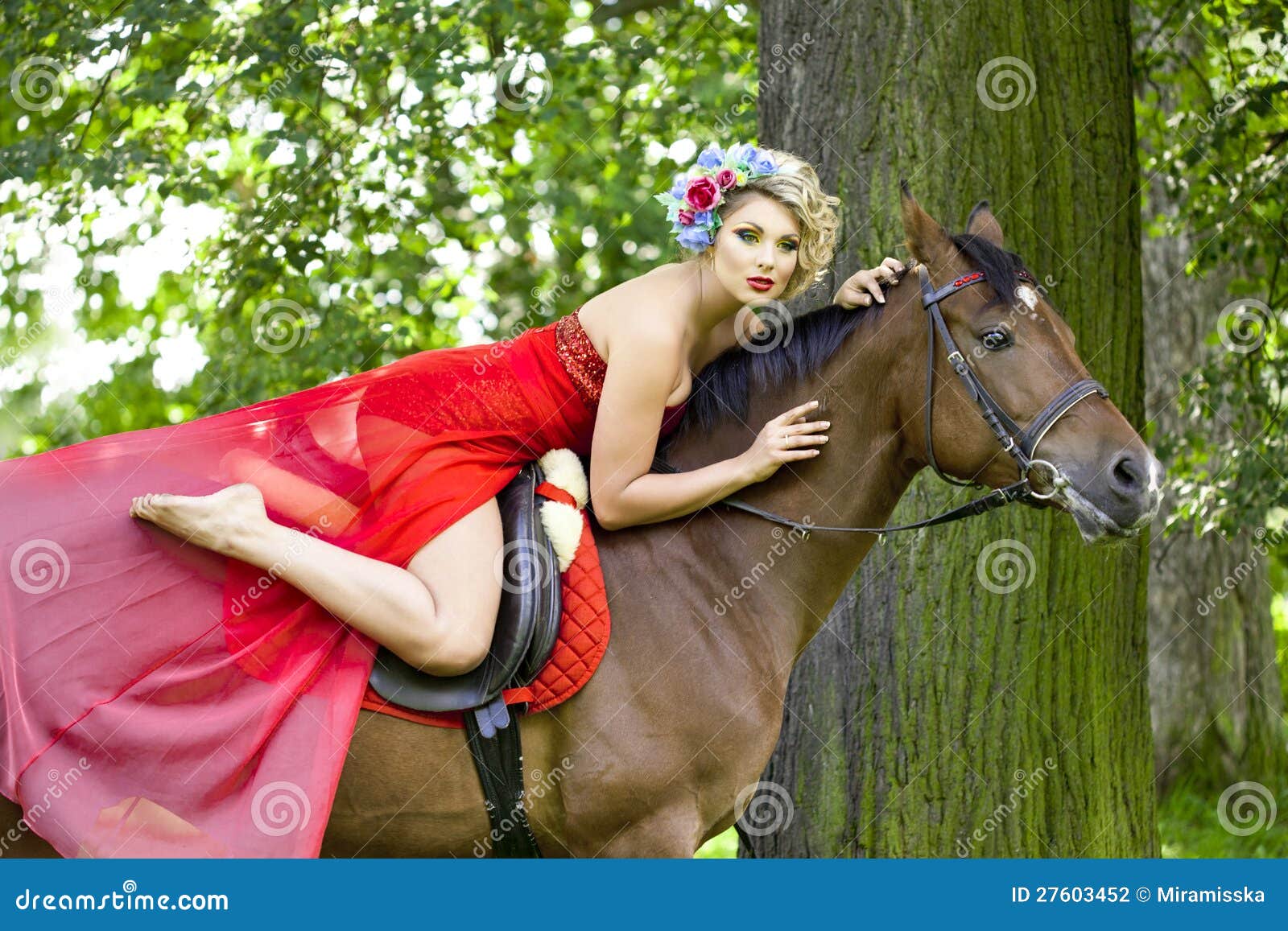 Woman with Bright Makeup on the Horse Outdoors Stock Photo Image of
