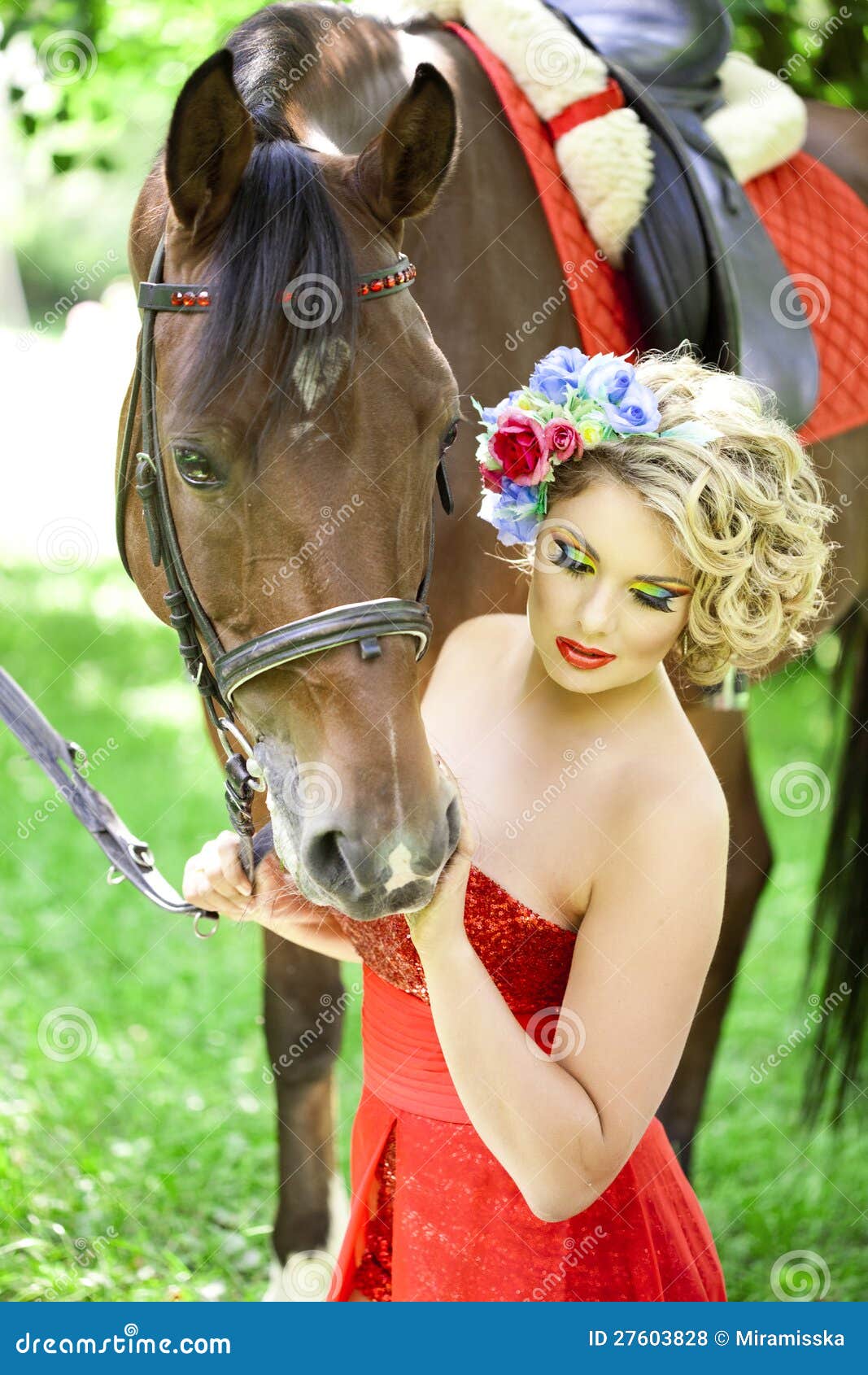 Woman with Bright Makeup on the Horse Outdoors Stock Photo Image of