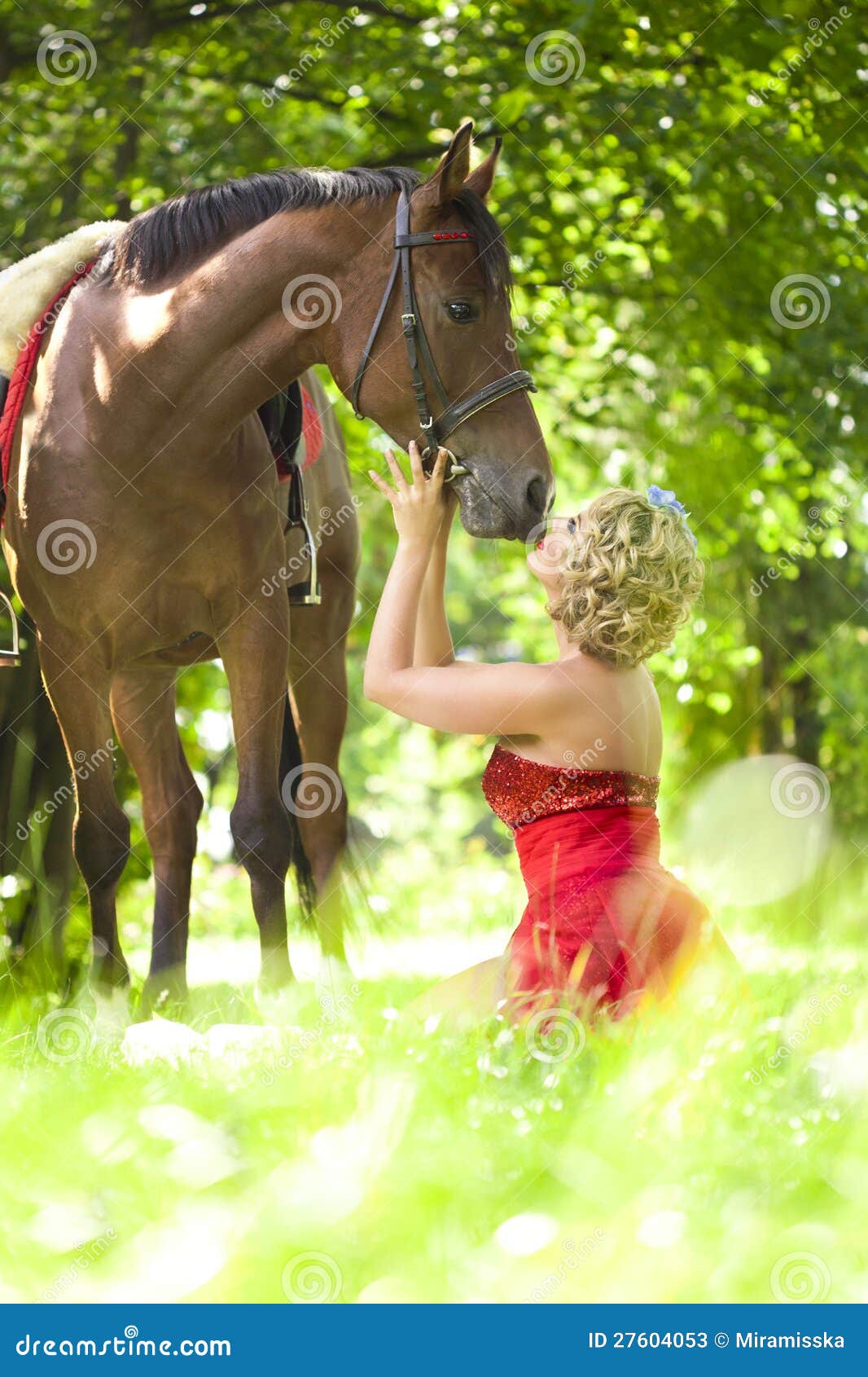 Woman with Bright Makeup on the Horse Outdoors Stock Image Image of