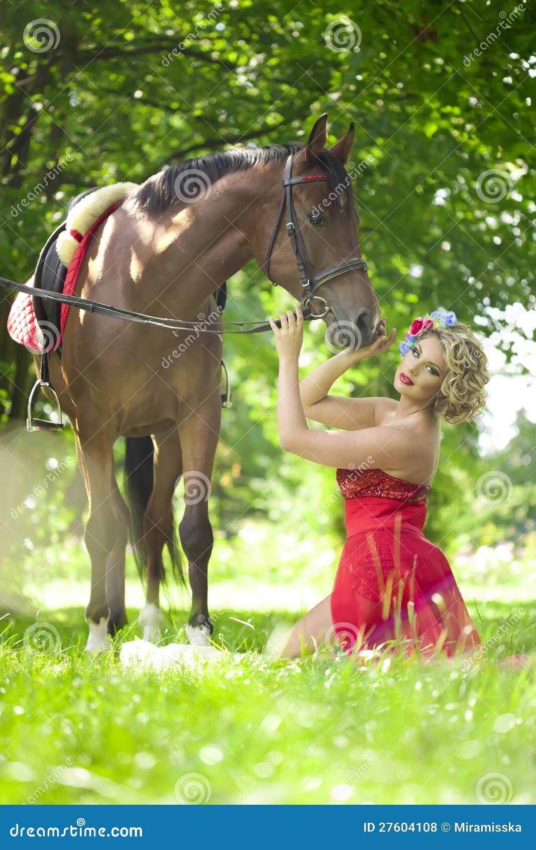 Woman with Bright Makeup on the Horse Outdoors Stock Photo Image of