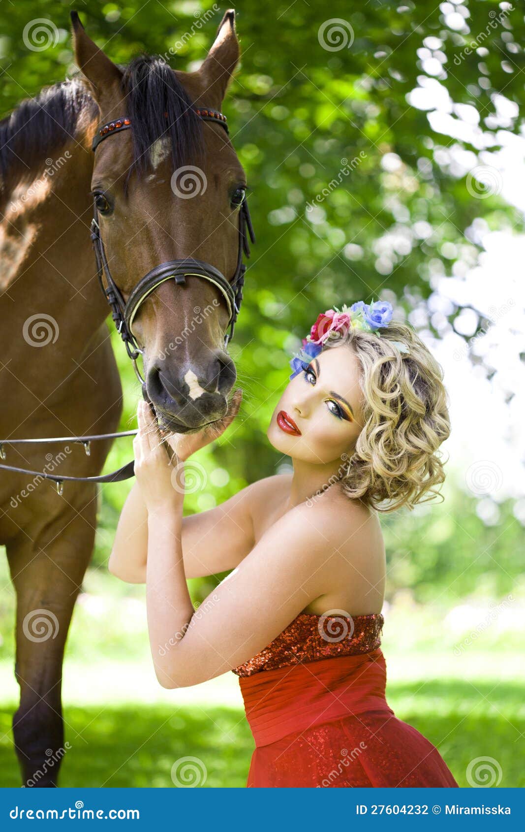 Woman with Bright Makeup on the Horse Outdoors Stock Photo Image of