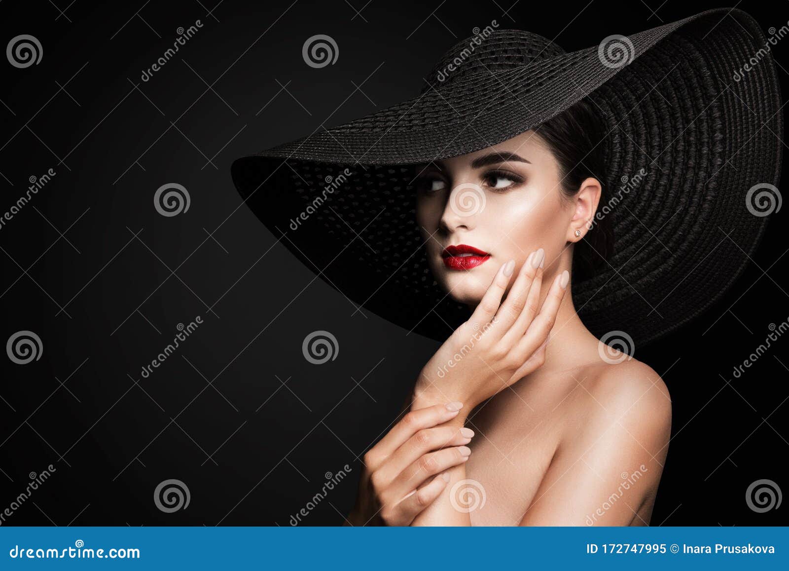 woman in broad brim hat, fashion model beauty portrait, elegant lady in wide brimmed hat
